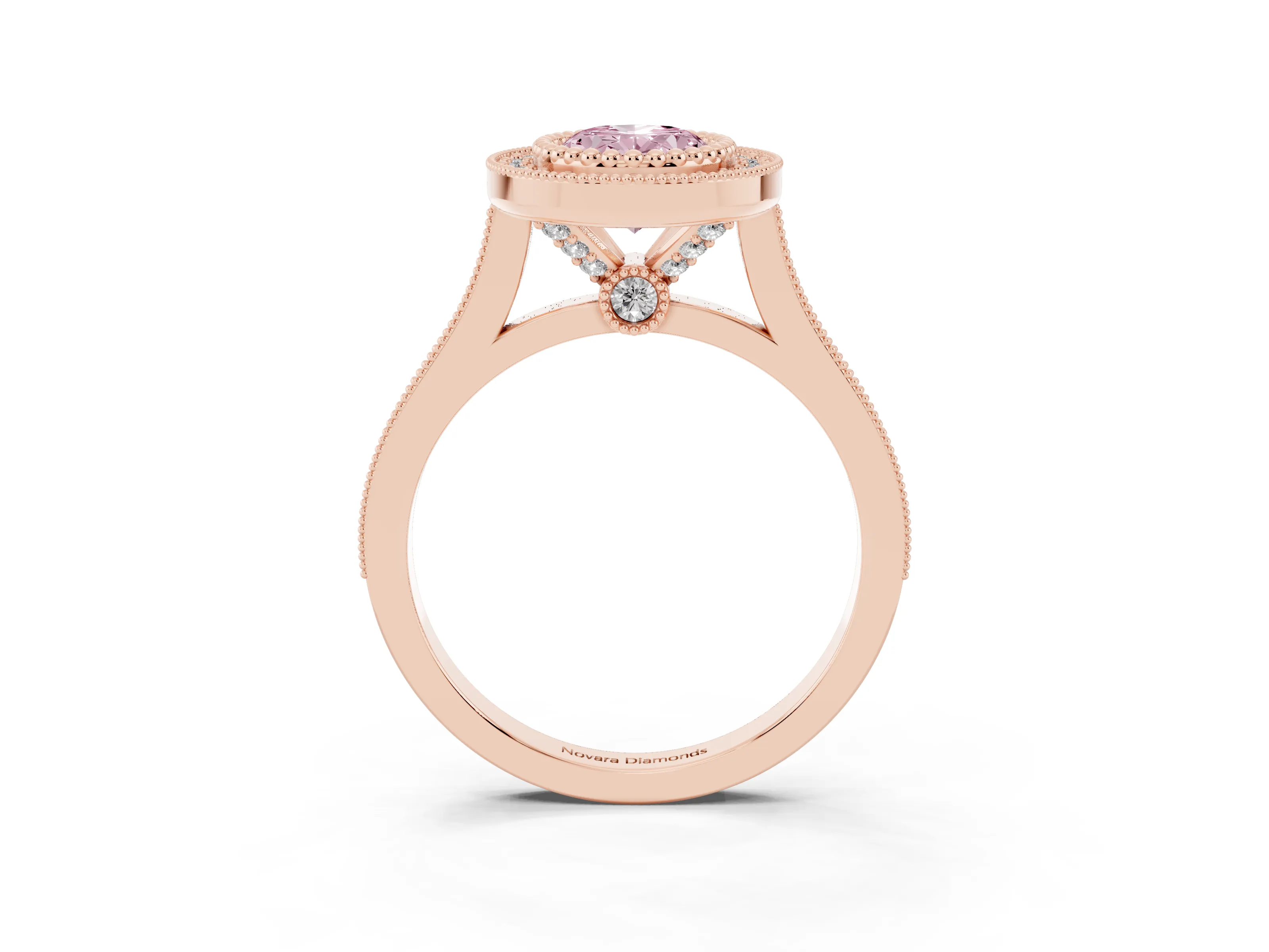 Fancy Pink Oval Cut Diamond Halo Ring Set in Rose gold with Milgrain Frame and Pavé Band