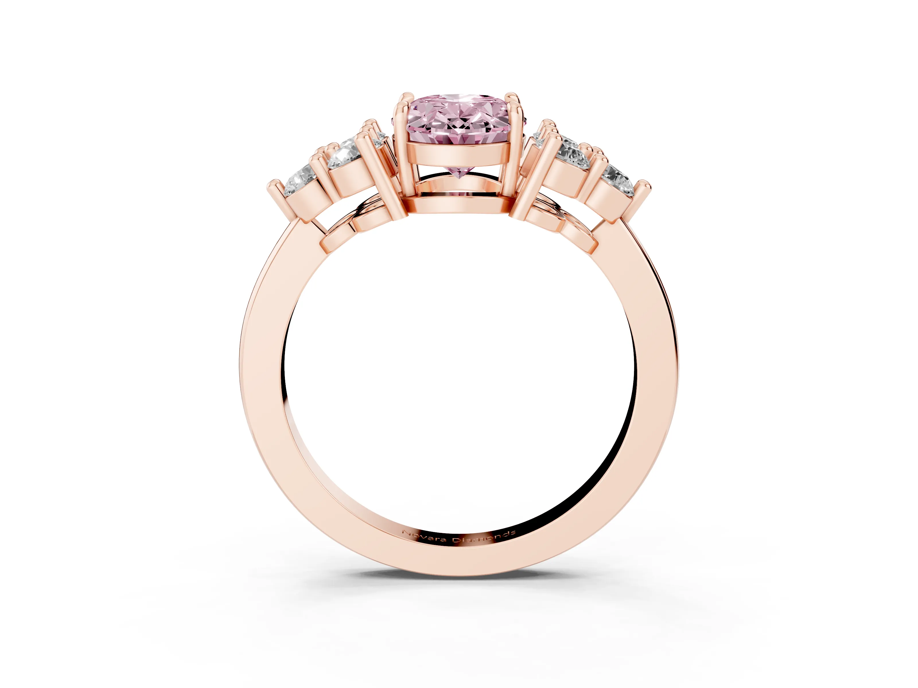 Fancy Pink Oval Cut Diamond Solitaire Ring Set in Rose gold with Cluster Accents on Each Side