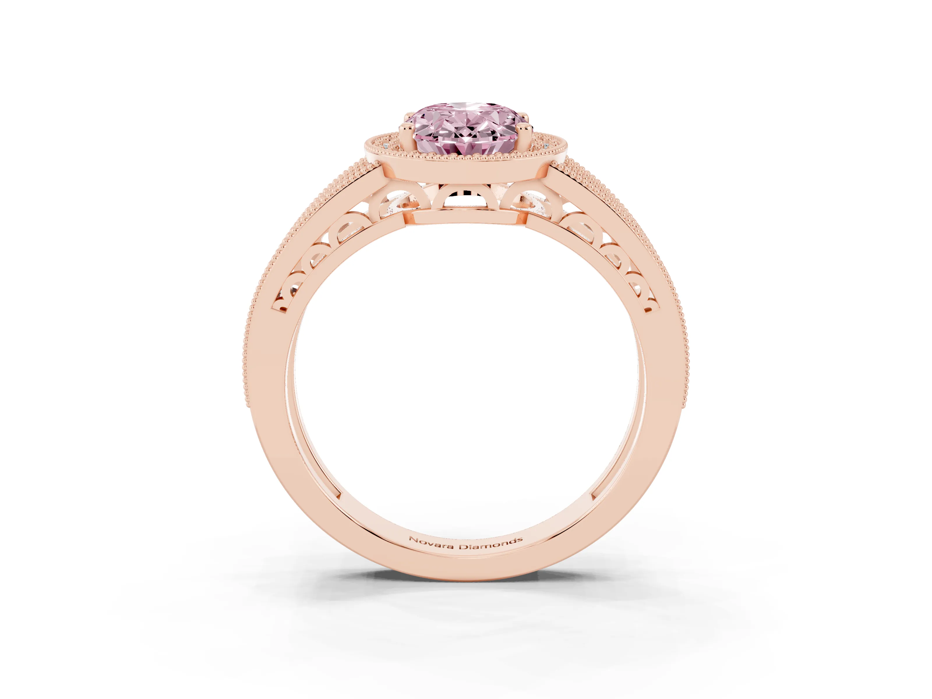 Fancy Pink Oval Cut Diamond Halo Ring Set in Rose gold with Accent Split Shank and Prong Setting
