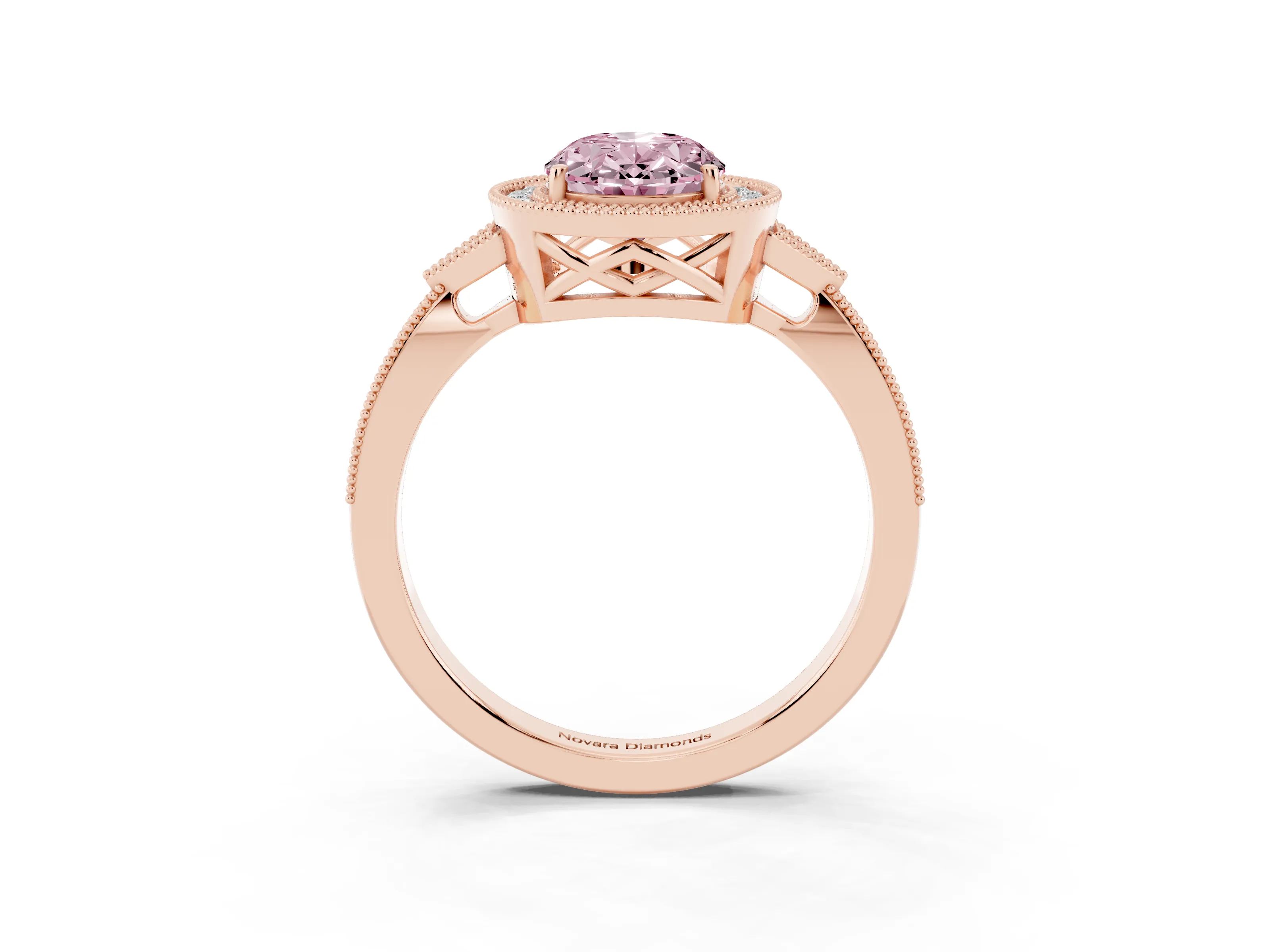 Fancy Pink Oval Cut Diamond Halo Engagement Ring Set in Rose gold with Milgrain Pavé Band