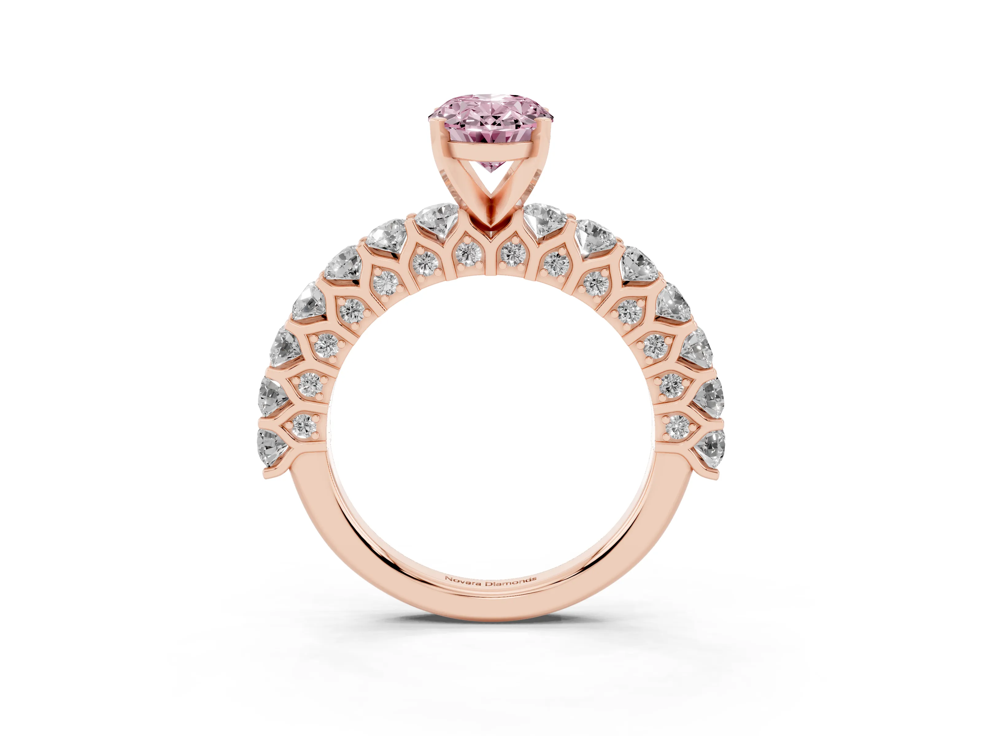 Fancy Pink Oval Cut Diamond Solitaire Ring Set in Rose gold with Shared Prong Pavé Band