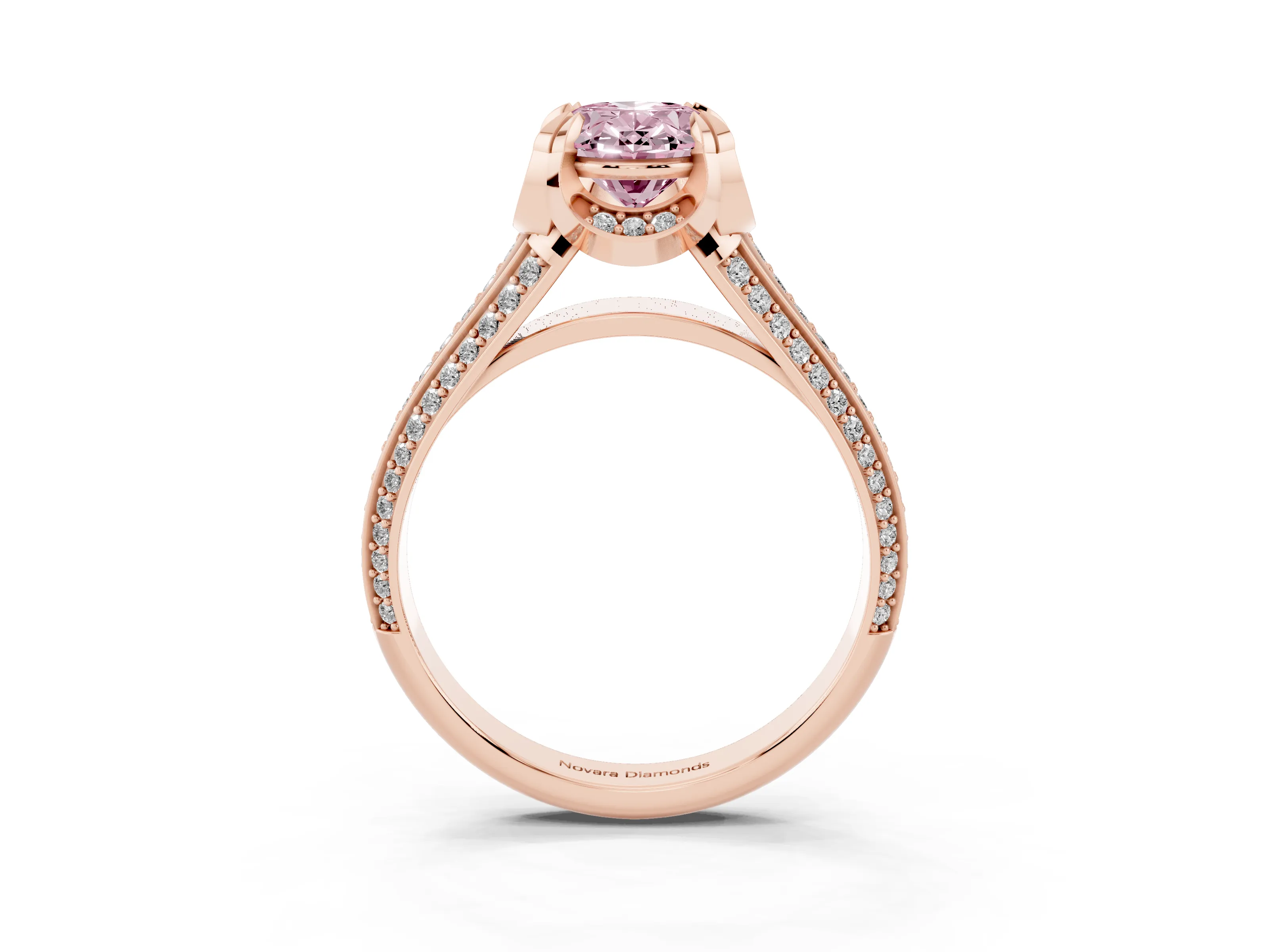 Fancy Pink Oval Cut Diamond Pavé Split Shank Solitaire Ring Set in Rose gold with Prong Setting