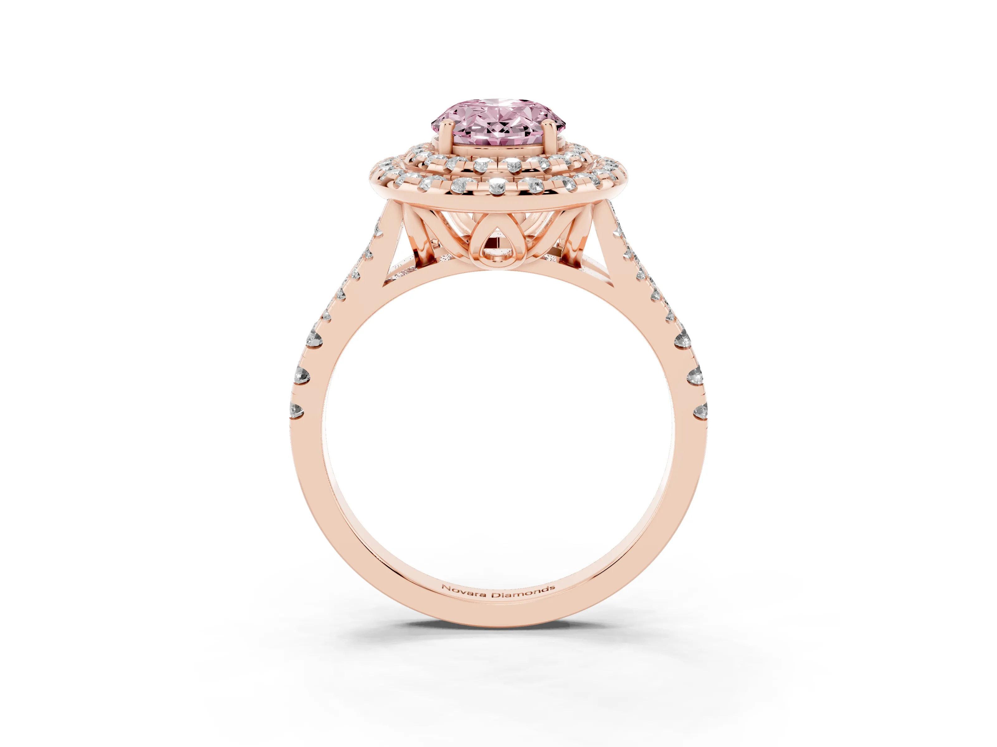 Fancy Pink Oval Cut Diamond Double Halo Ring Set in Rose gold with Pavé Split Shank and Prong Setting