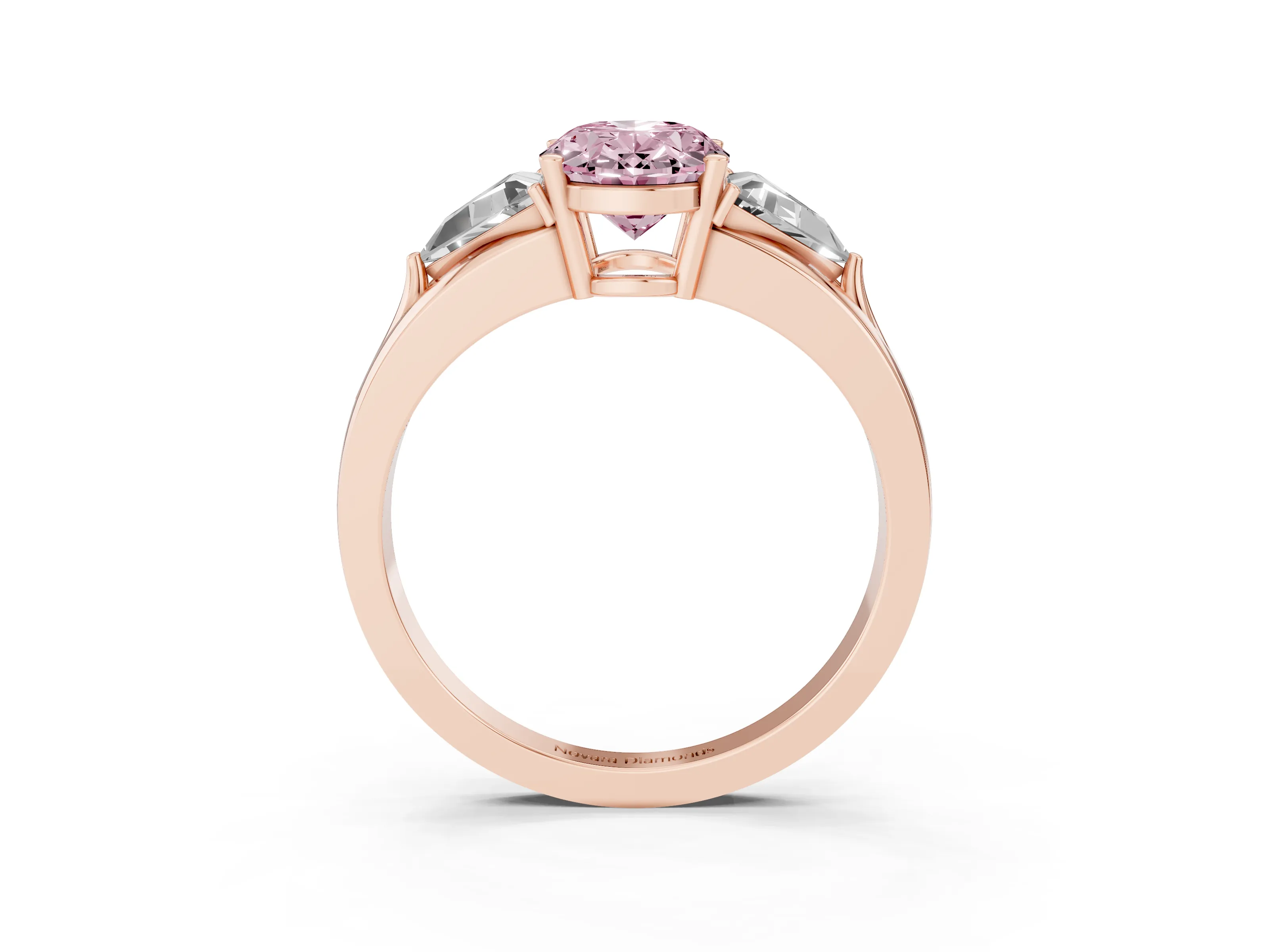 Fancy Pink Oval Cut Diamond Three-Stone Ring Set in Rose gold with Trillion Side Stones and Split Shank