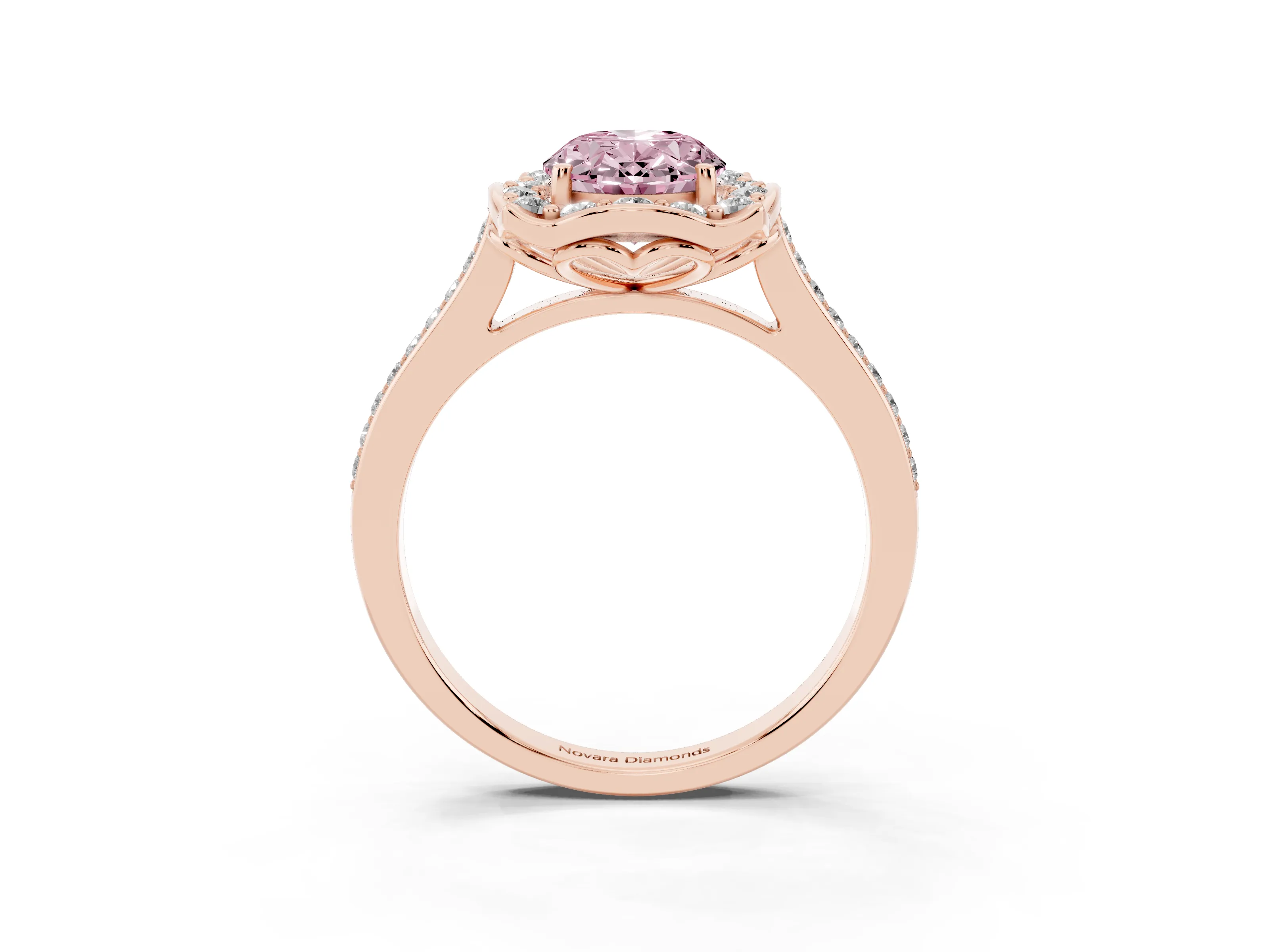 Fancy Pink Oval Cut Diamond Halo Ring Set in Rose gold with Pavé-Lined Shoulders and Prong Setting