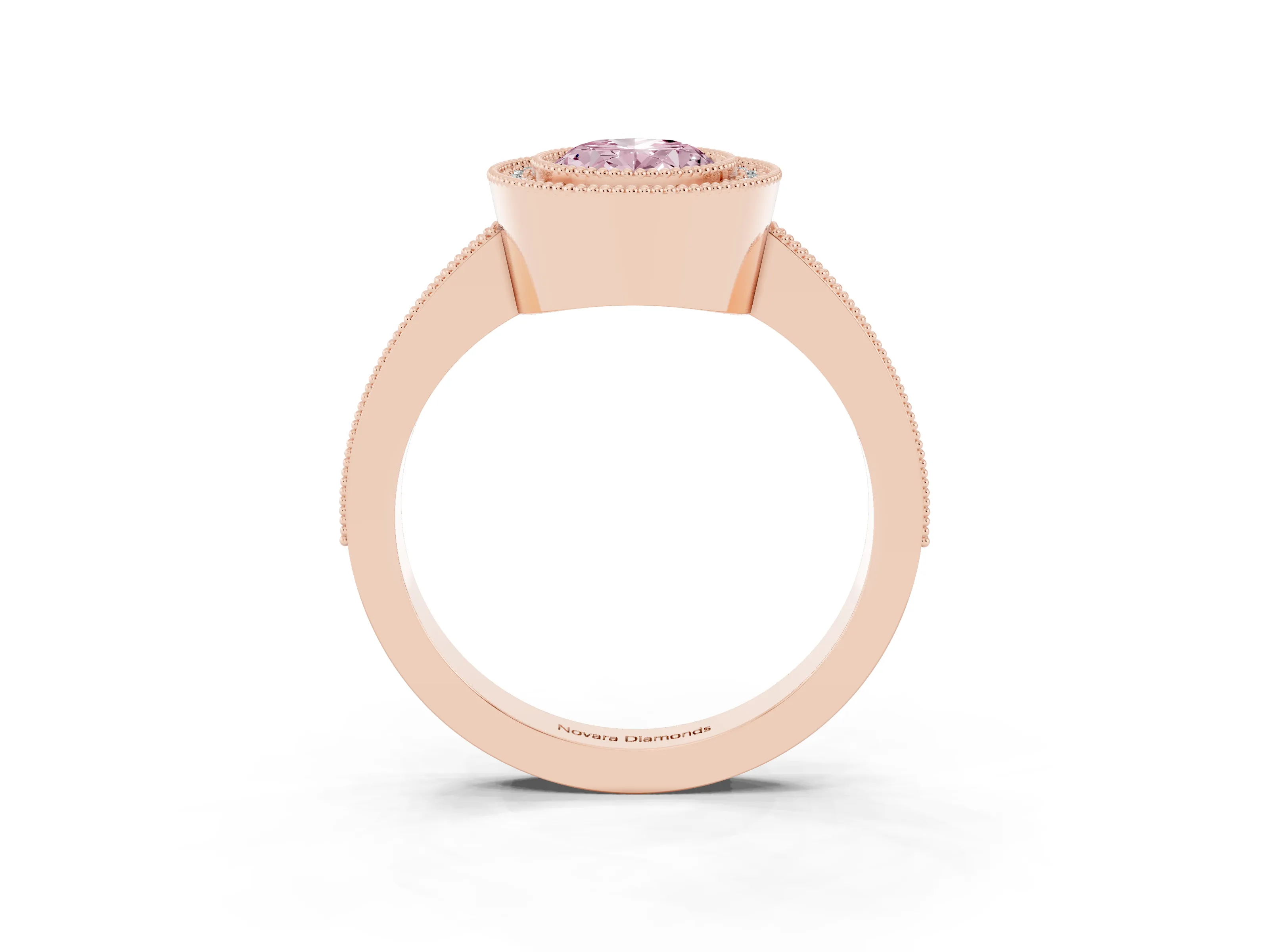 Fancy Pink Oval Cut Diamond Halo Engagement Ring Set in Rose gold with Pavé Band and Round Halo Stones
