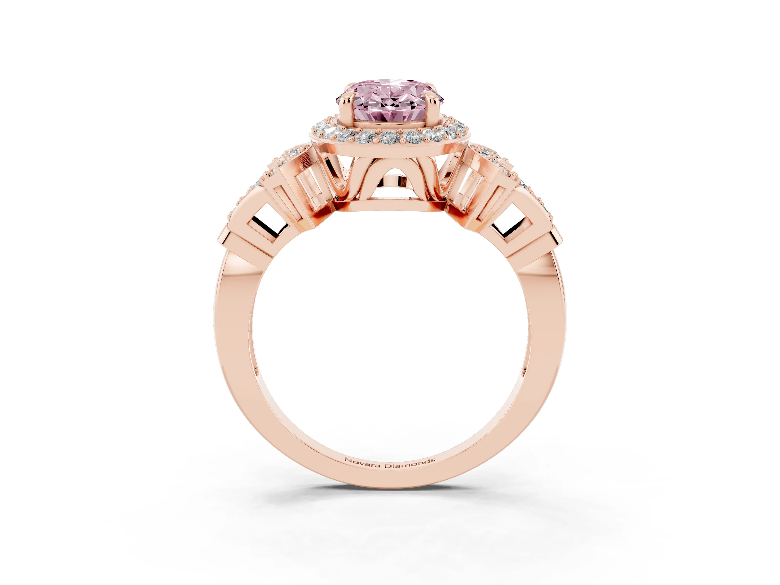 Fancy Pink Oval Cut Diamond Halo Engagement Ring Set in Rose gold with Accent Stone Split Shank
