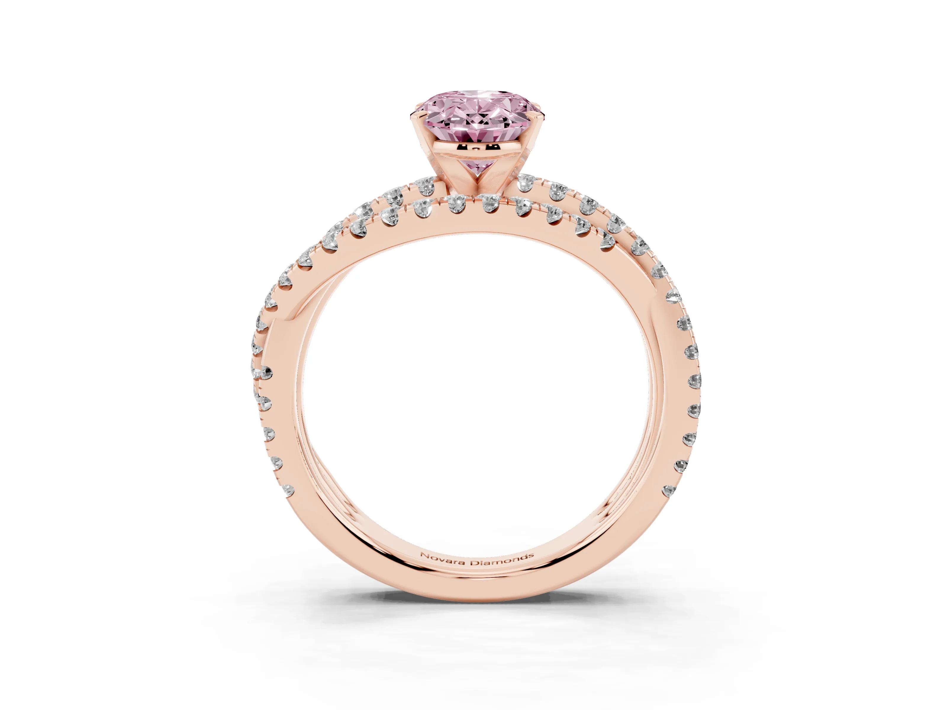 Fancy Pink Oval Cut Diamond Solitaire Twist Band Ring Set in Rose gold with Pavé Setting and Prong Head