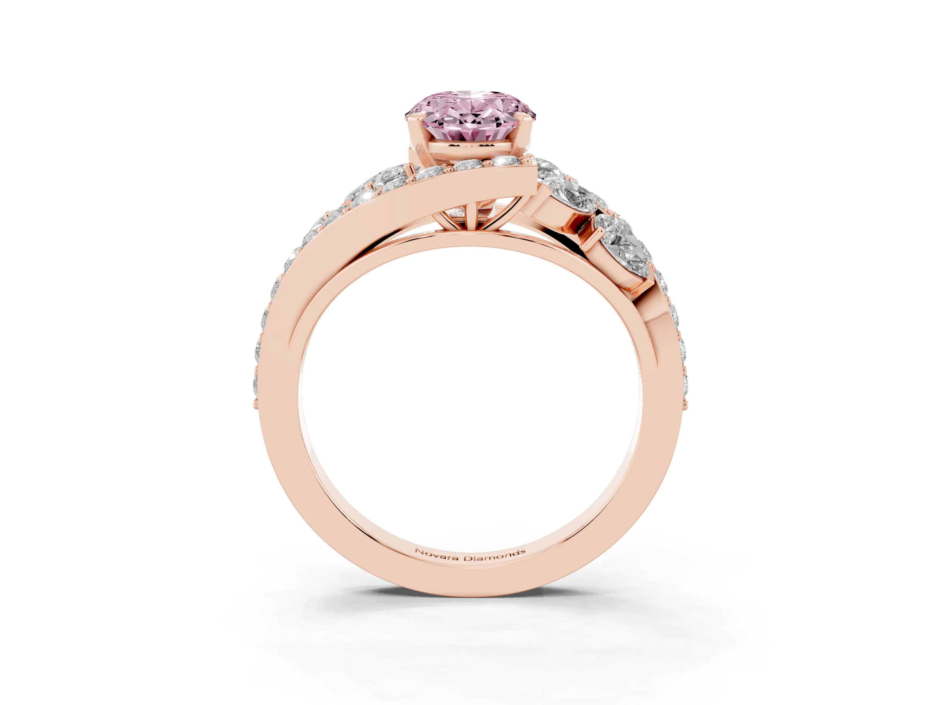 Fancy Pink Oval Cut Diamond Halo Ring Set in Rose gold with Marquise and Pavé Band in Prong Setting