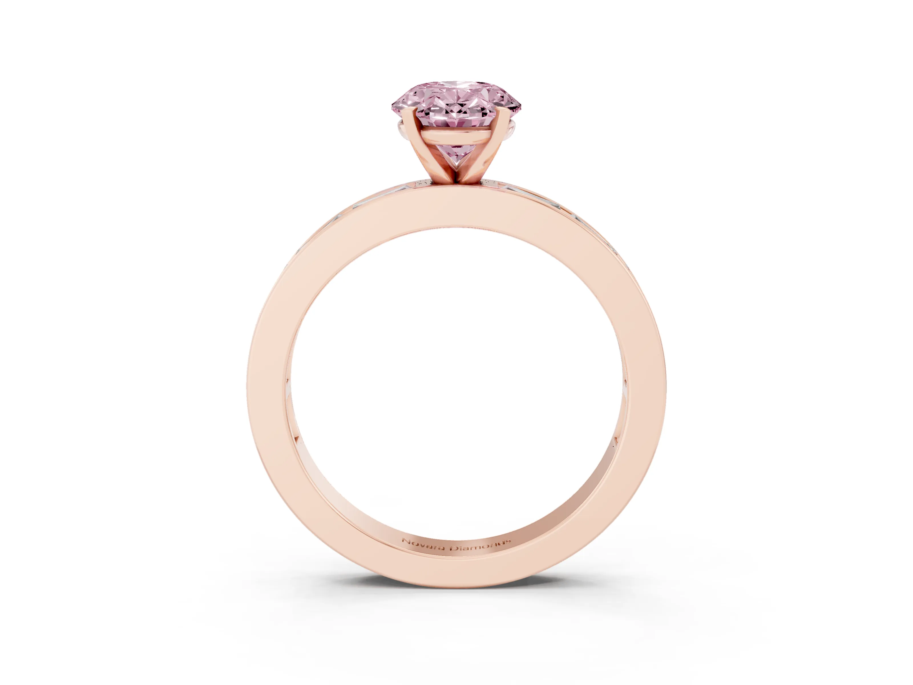 Fancy Pink Oval Cut Diamond Solitaire Ring Set in Rose gold with Channel-Set Baguette Band and Prong Setting