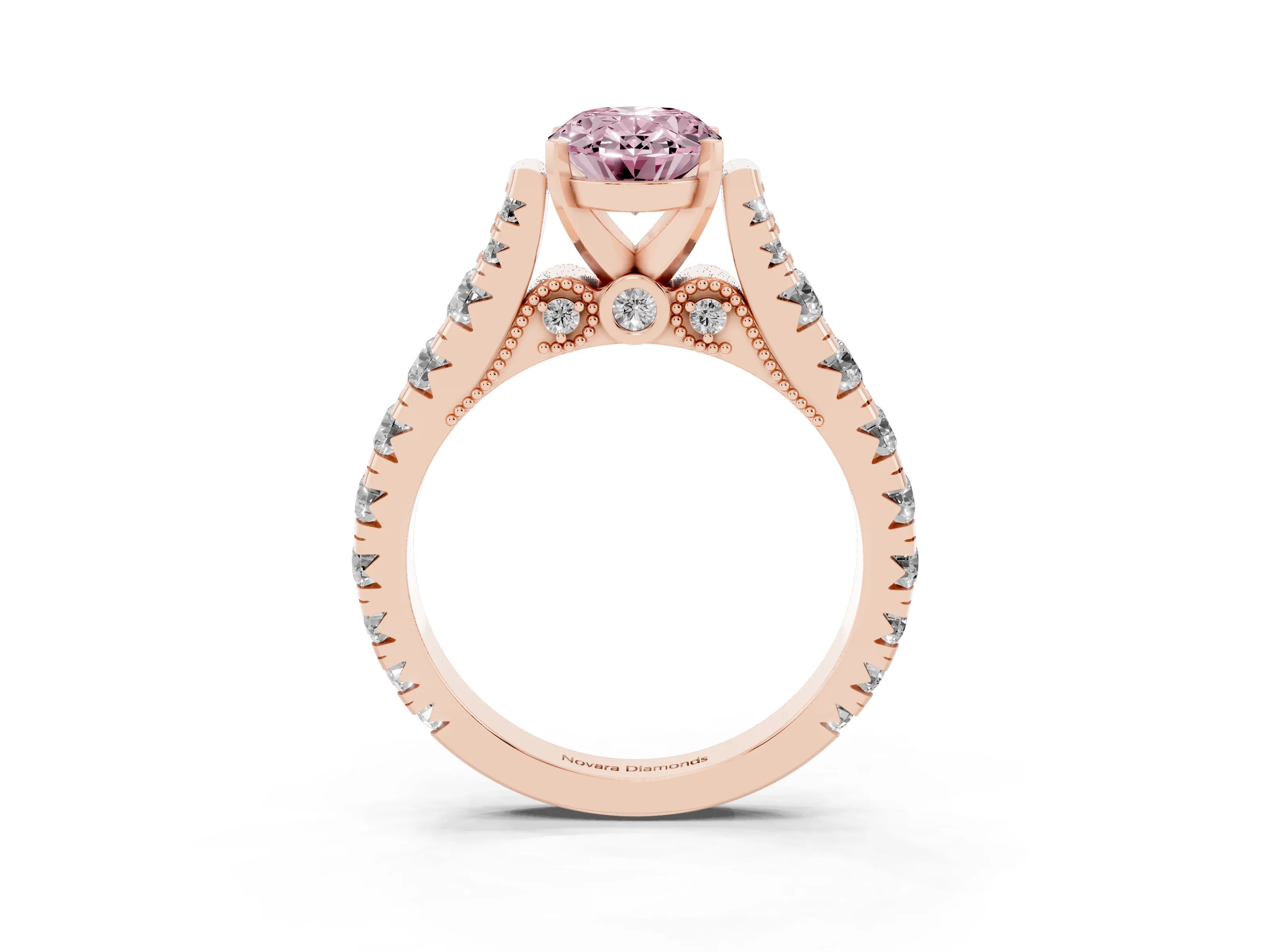 Fancy Pink Oval Cut Diamond Classic Solitaire Ring Set in Rose gold with Pavé Band and Prong Setting