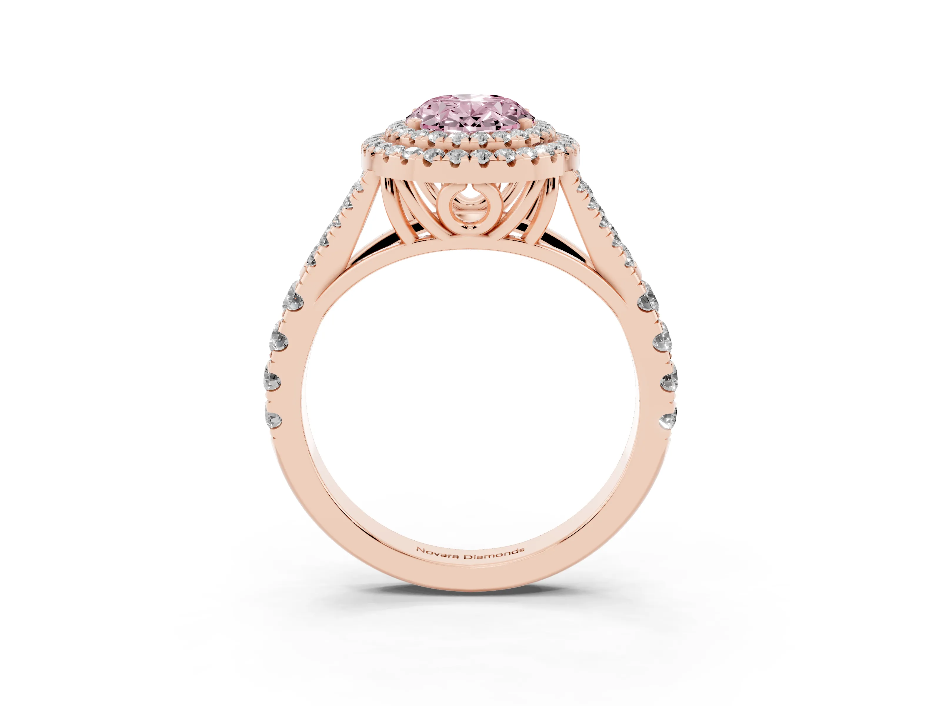 Fancy Pink Oval Cut Diamond Pavé Split Shank Double Halo Engagement Ring Set in Rose gold