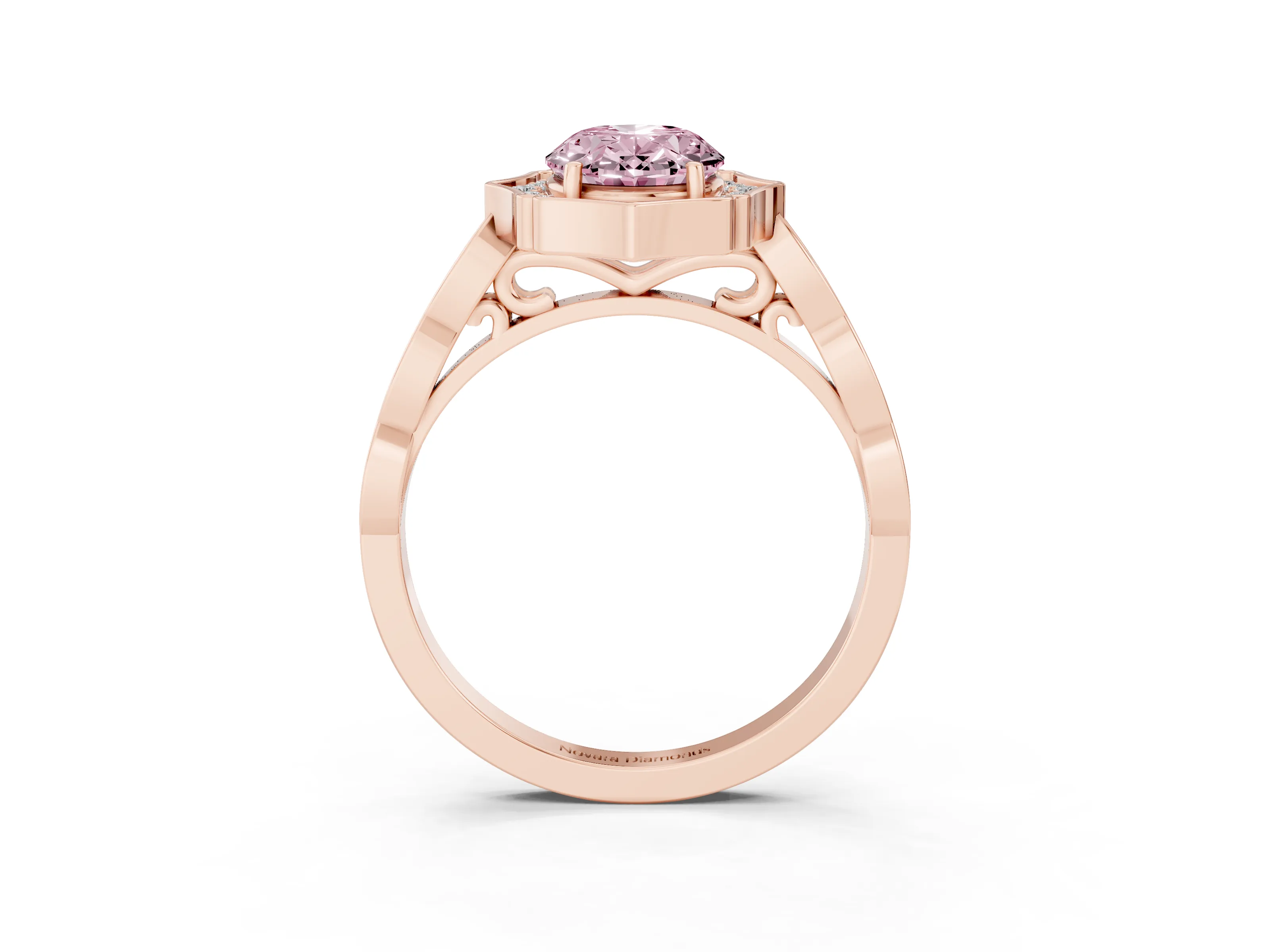 Fancy Pink Oval Cut Diamond Halo Engagement Ring Set in Rose gold with Milgrain Band and Prong Setting