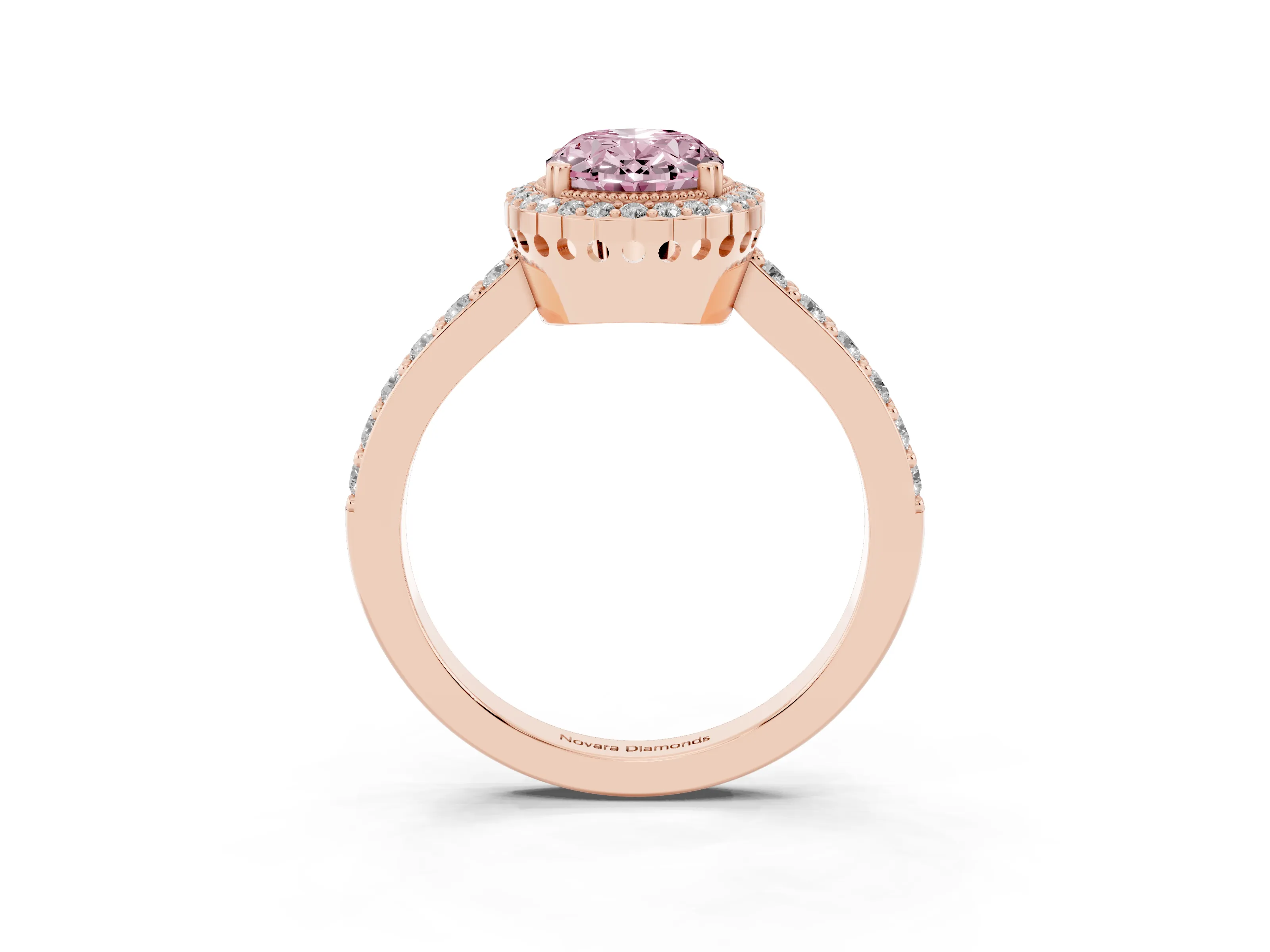 Fancy Pink Oval Cut Diamond Halo Engagement Ring Set in Rose gold with Milgrain Detail and Pavé Band