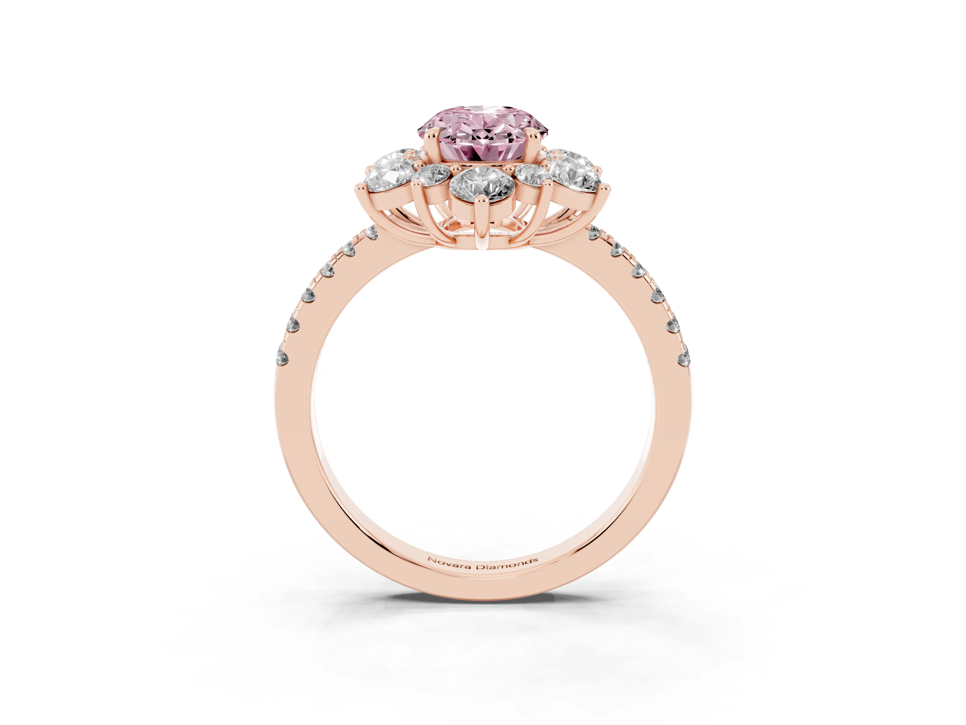 Fancy Pink Oval Cut Diamond Floral Halo Ring Set in Rose gold with Round Pavé Band and Prong Setting