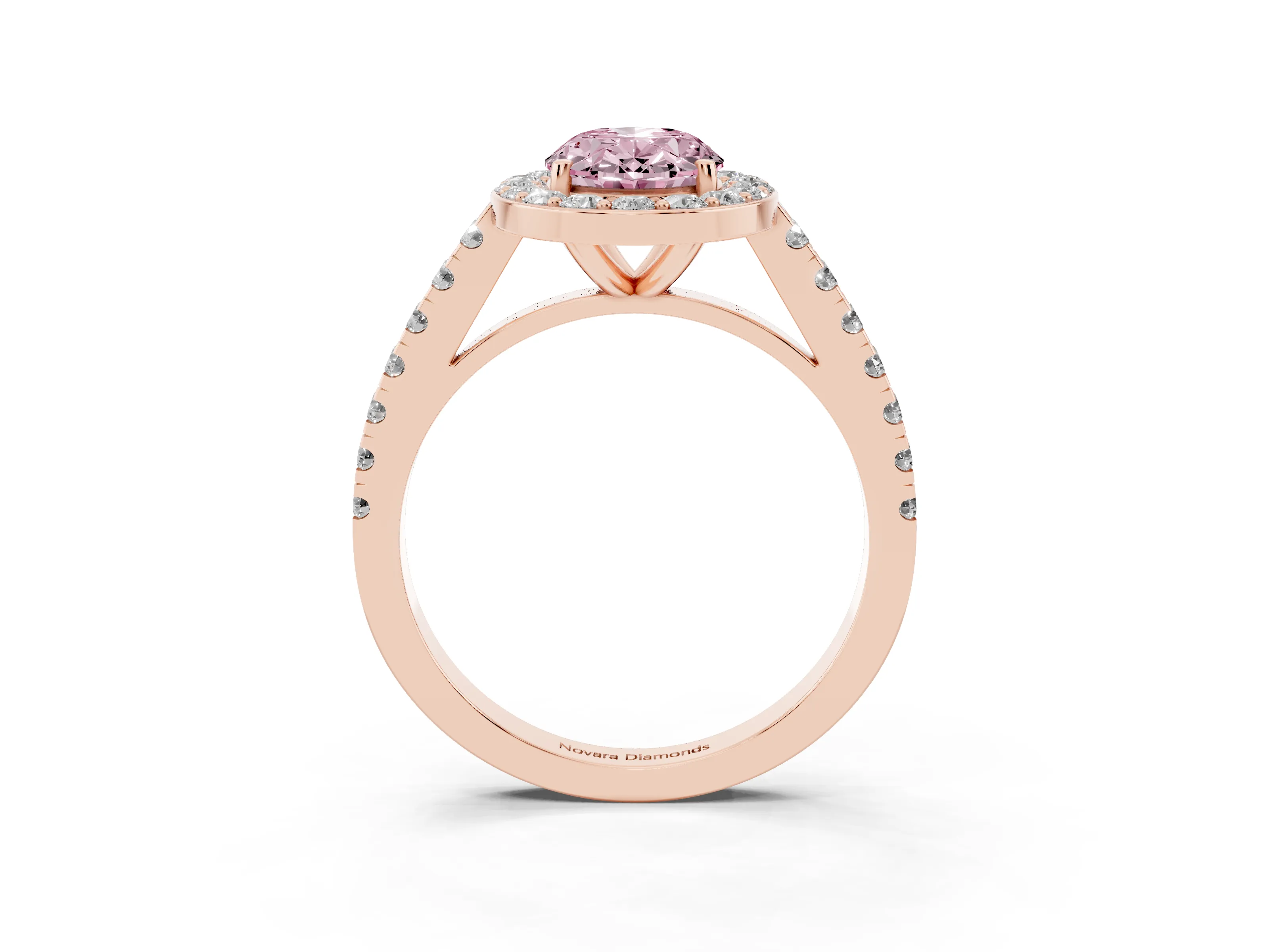 Fancy Pink Oval Cut Diamond Halo Ring Set in Rose gold with Round Pavé Split Shank and Prong Setting
