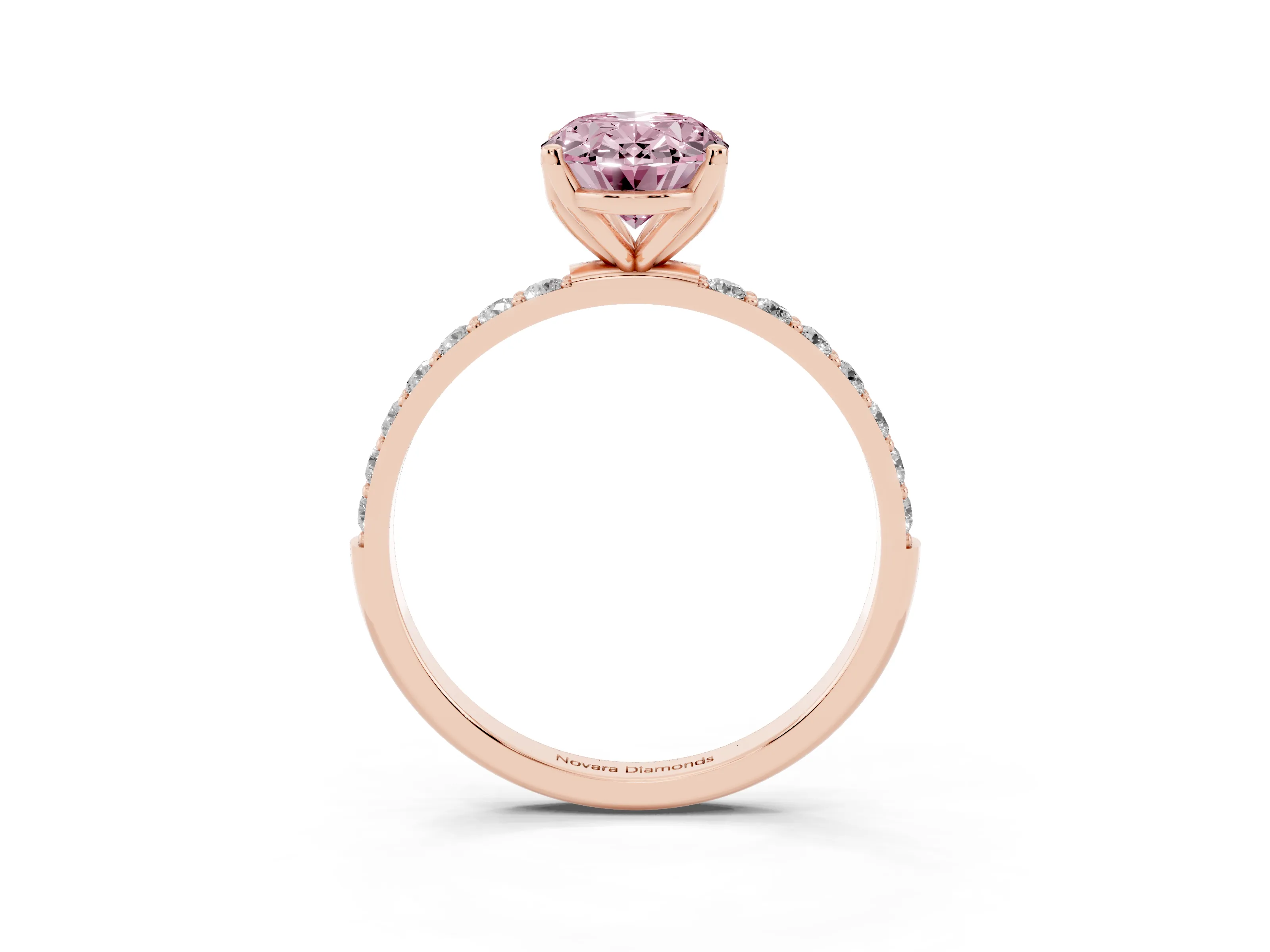 Fancy Pink Oval Cut Diamond Solitaire Engagement Ring Set in Rose gold with Round Pavé Band and Prong Setting