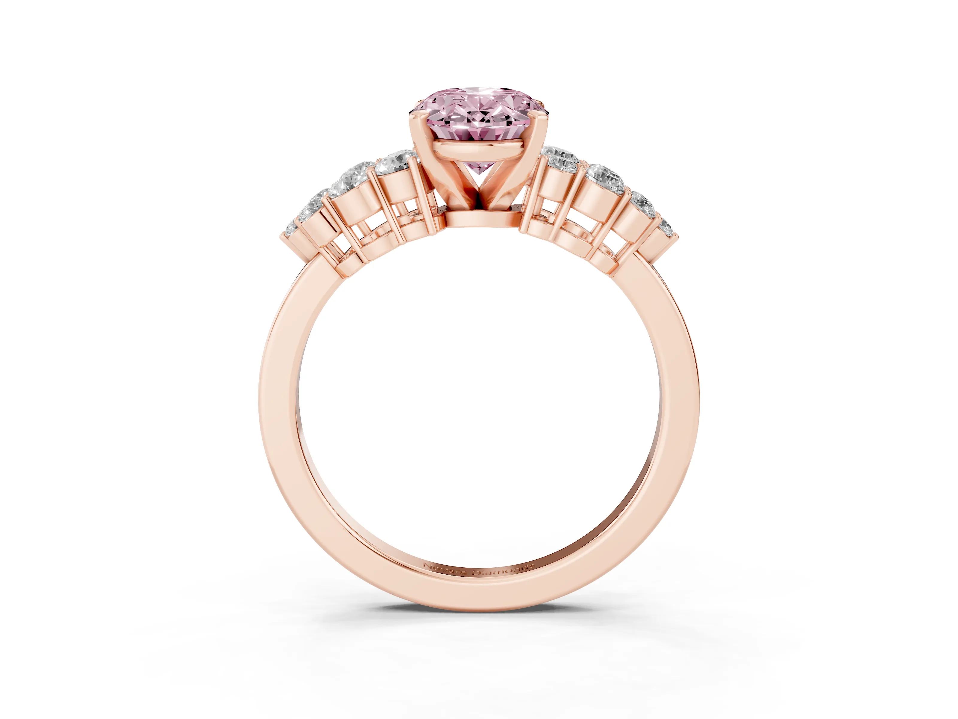 Fancy Pink Oval Cut Diamond Cluster Engagement Ring Set in Rose gold with Pavé Band and Prong Setting