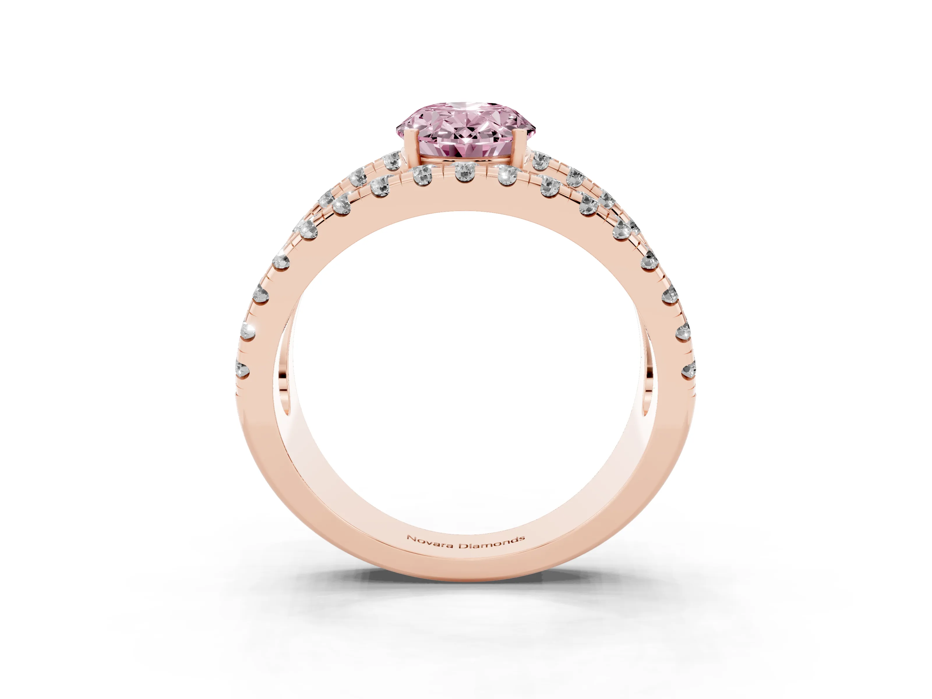 Fancy Pink Oval Cut Diamond Split Shank Pavé Solitaire Ring Set in Rose gold with Open Shank Design