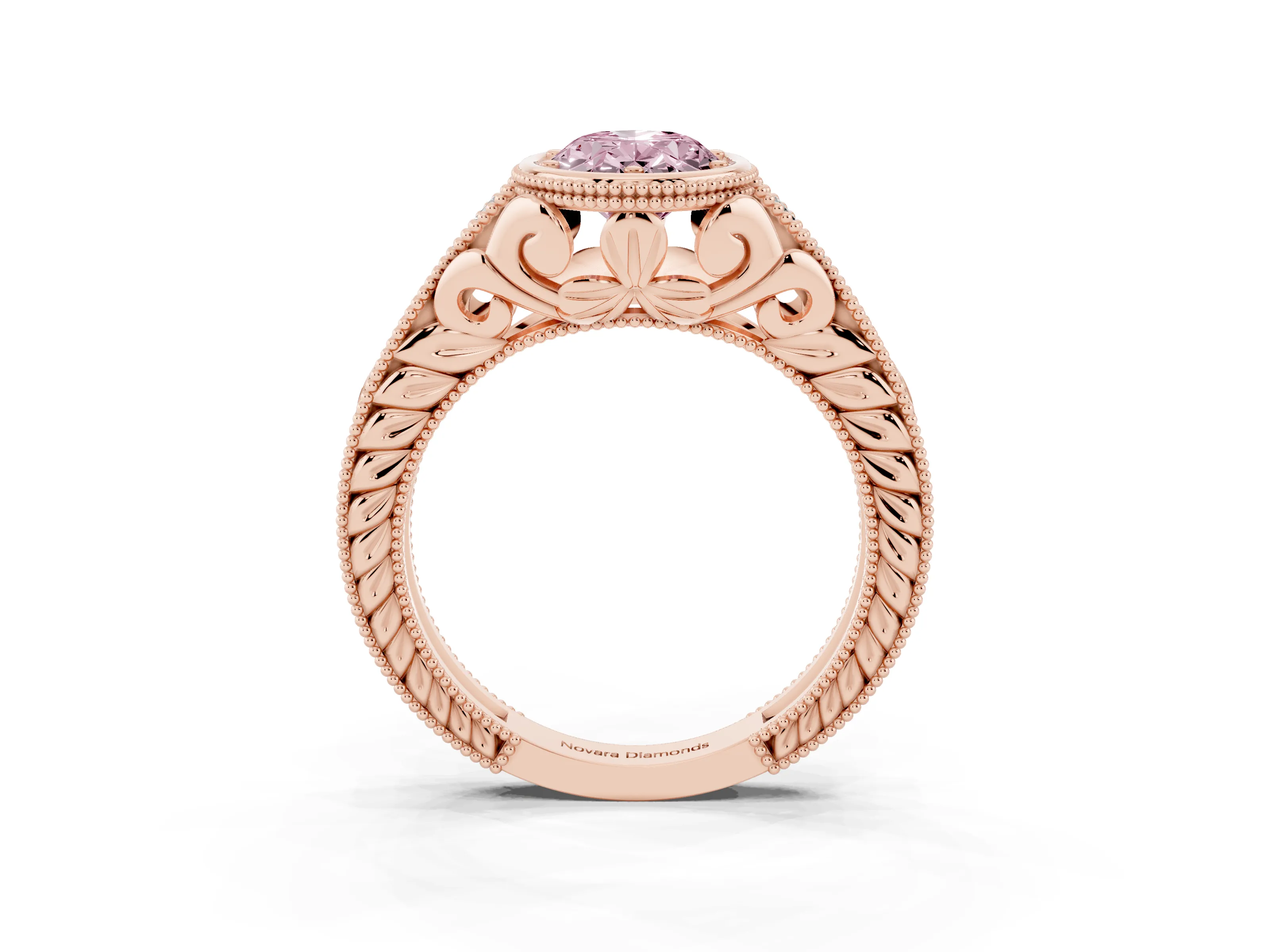 Fancy Pink Bezel Set Oval Cut Diamond Milgrain Pavé Engagement Ring Set in Rose gold
