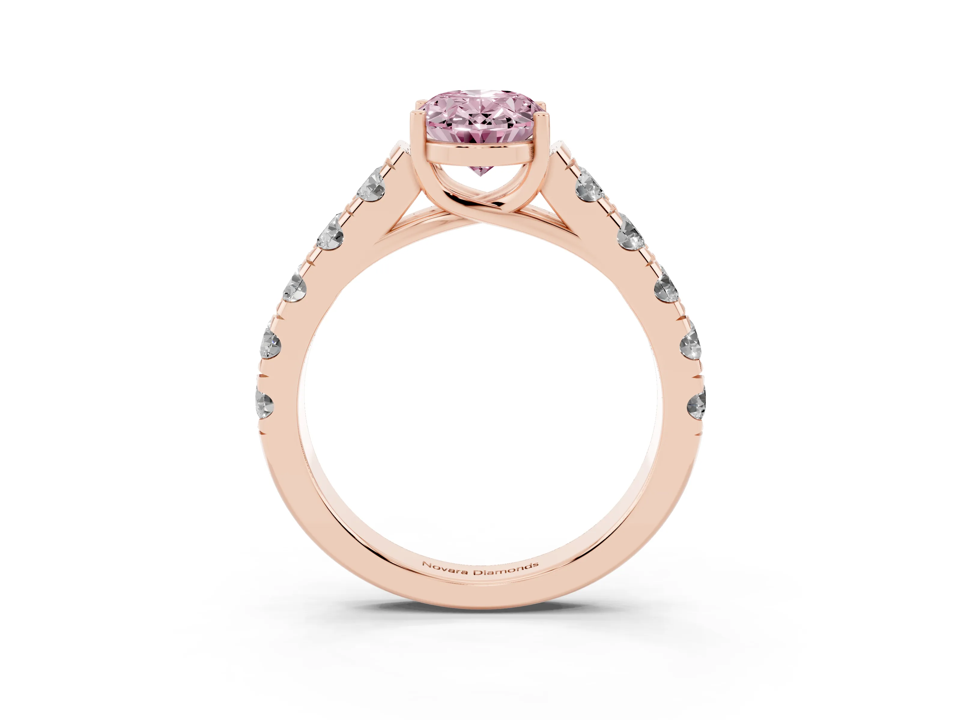 Fancy Pink Oval Cut Diamond Solitaire Ring Set in Rose gold with Cut-Down Micro Pavé Band and Prong Setting