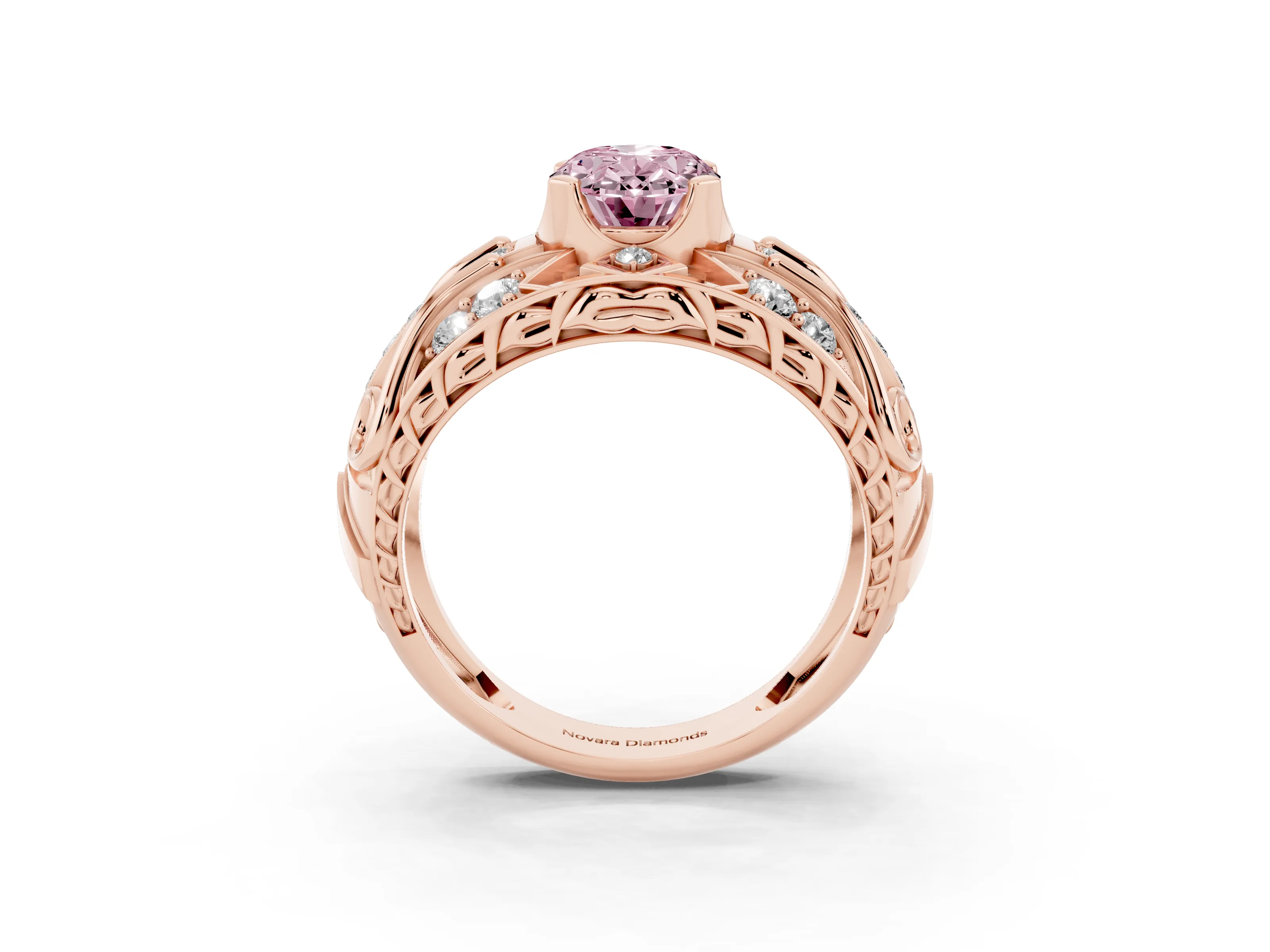 Fancy Pink Oval Cut Diamond Art Deco Ring Set in Rose gold with Pavé Split Shank
