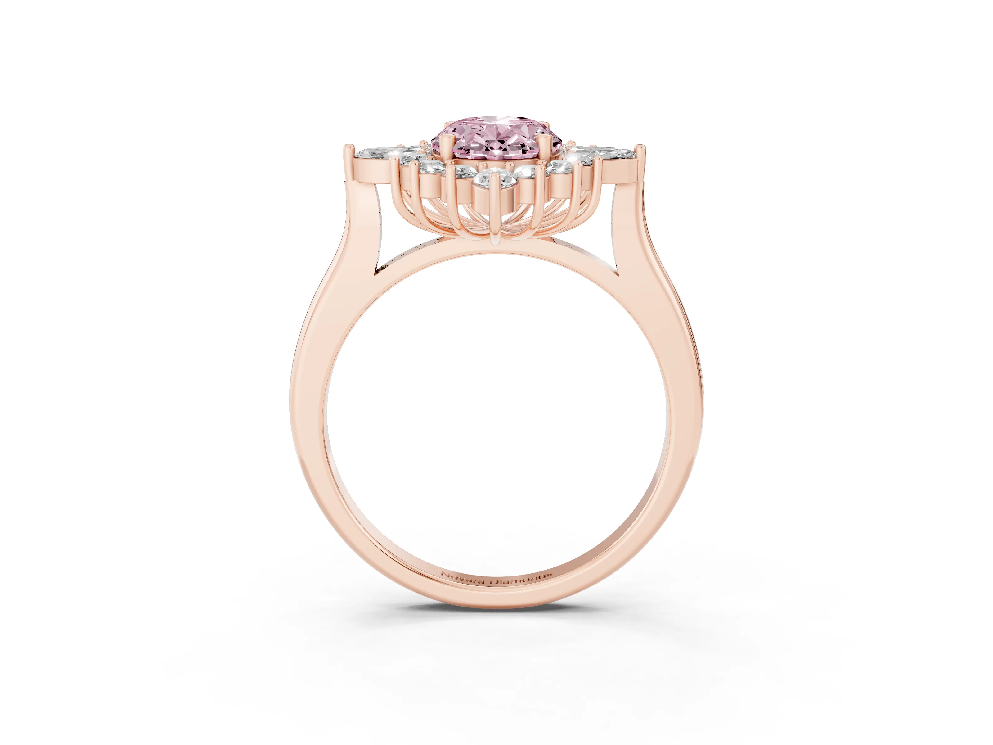 Fancy Pink Oval Cut Diamond Cluster Halo Ring Set in Rose gold with Marquise and Round Accents