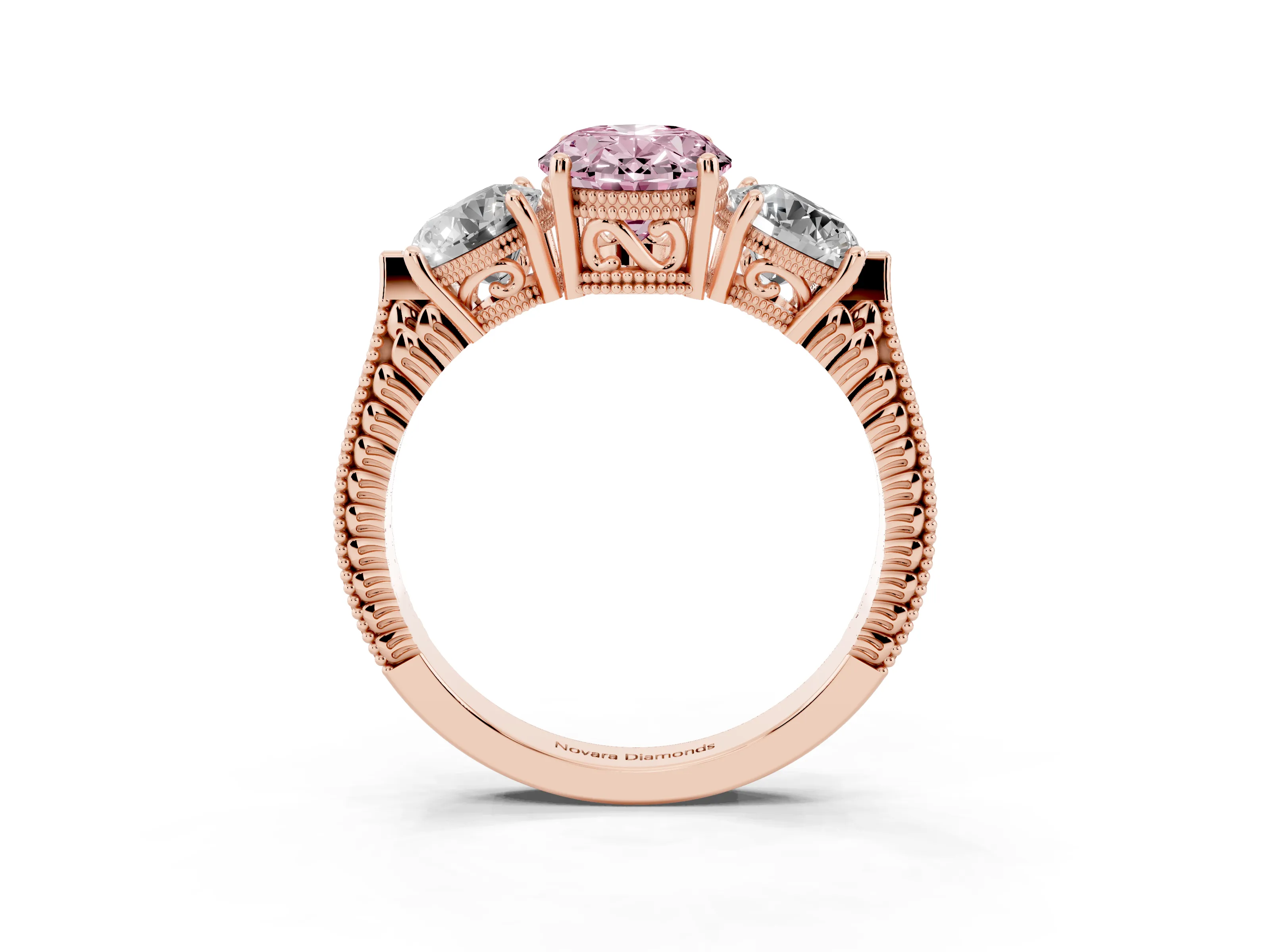 Fancy Pink Oval Cut Diamond Three-Stone Ring Set in Rose gold with Milgrain Band