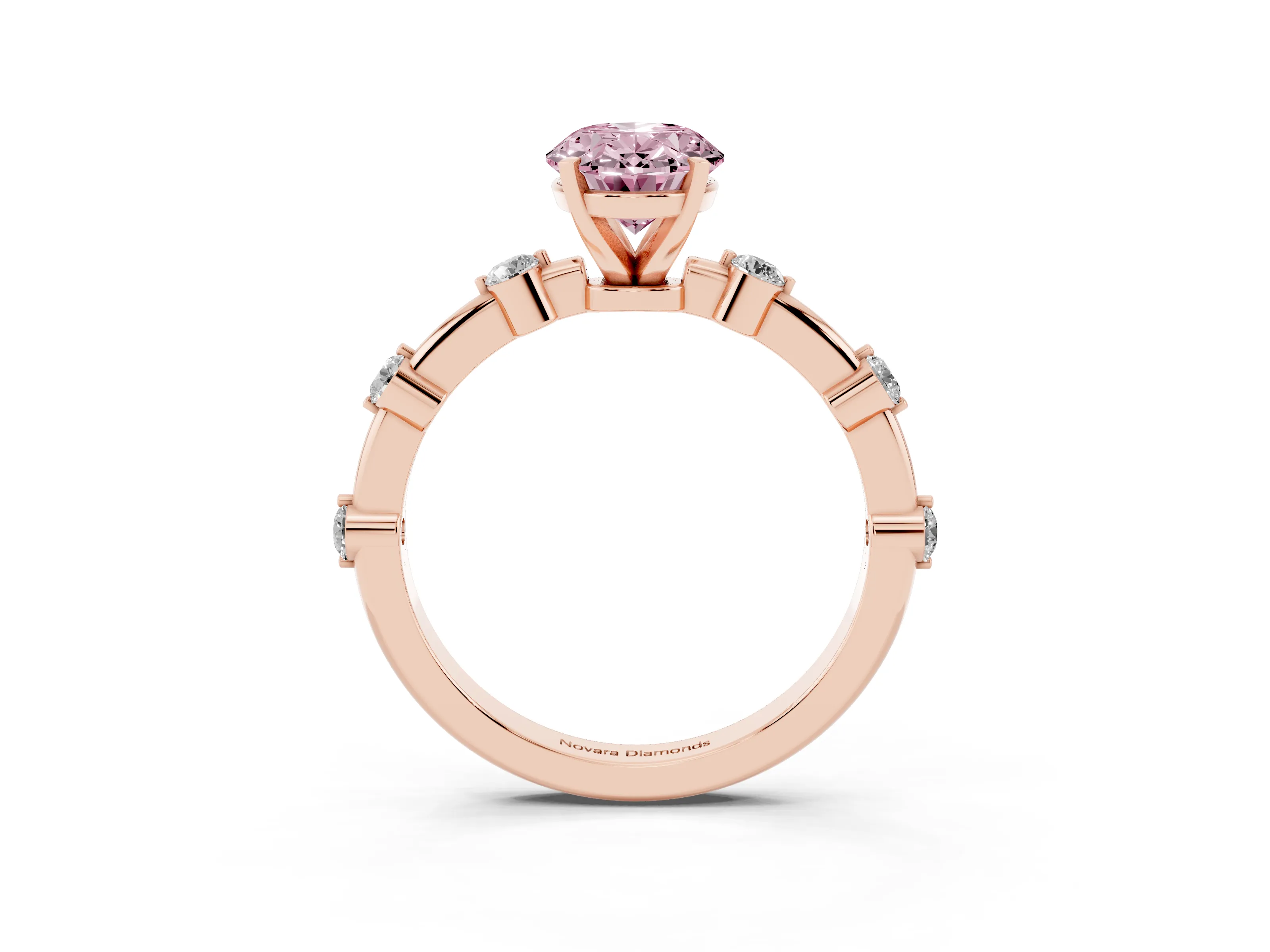 Fancy Pink Oval Cut Diamond Solitaire Ring Set in Rose gold with Bezel Set Side Stones and Prong Setting
