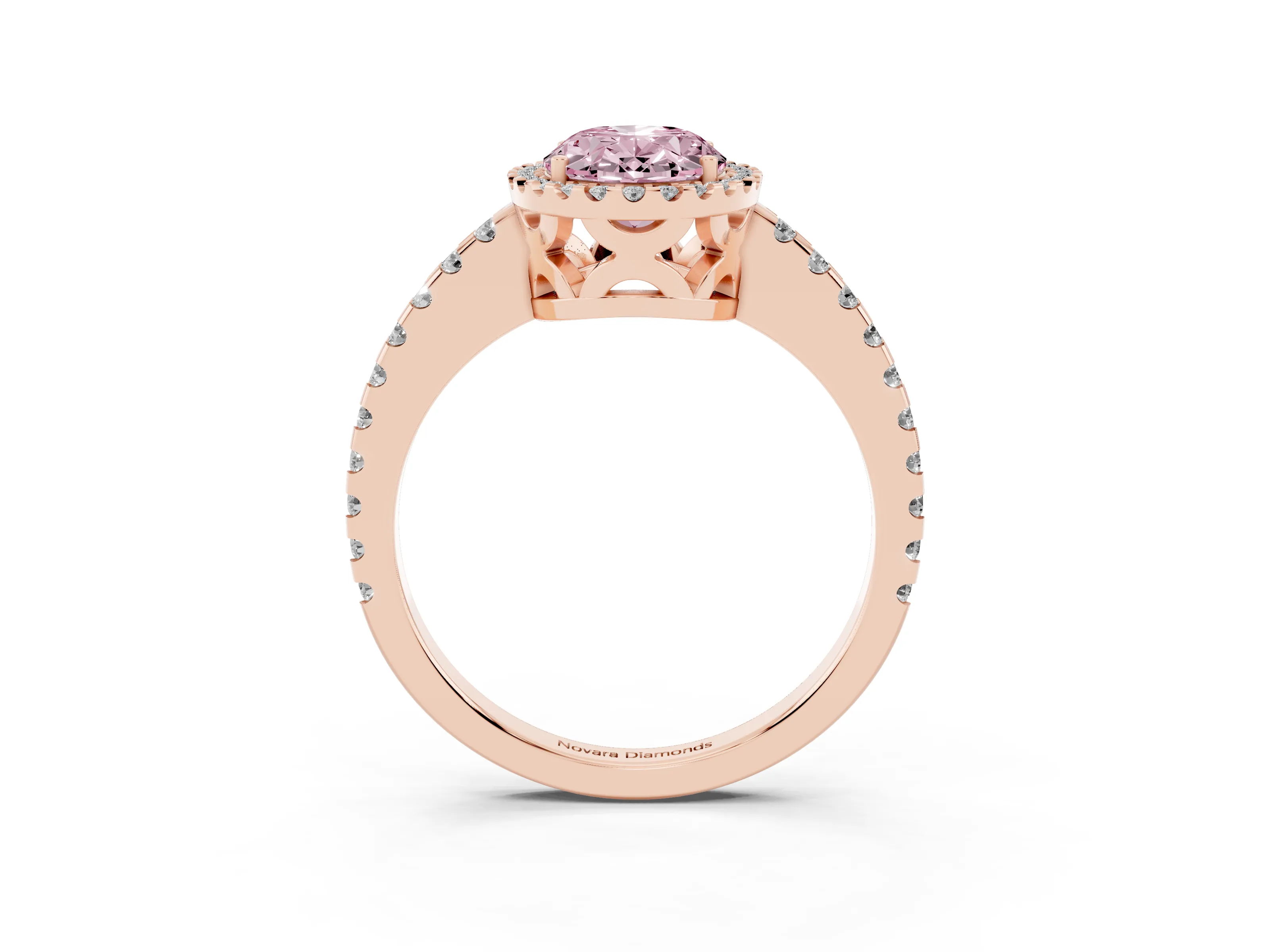 Fancy Pink Oval Cut Diamond Halo Ring Set in Rose gold with Pavé Shoulders and Halo-Framed Center