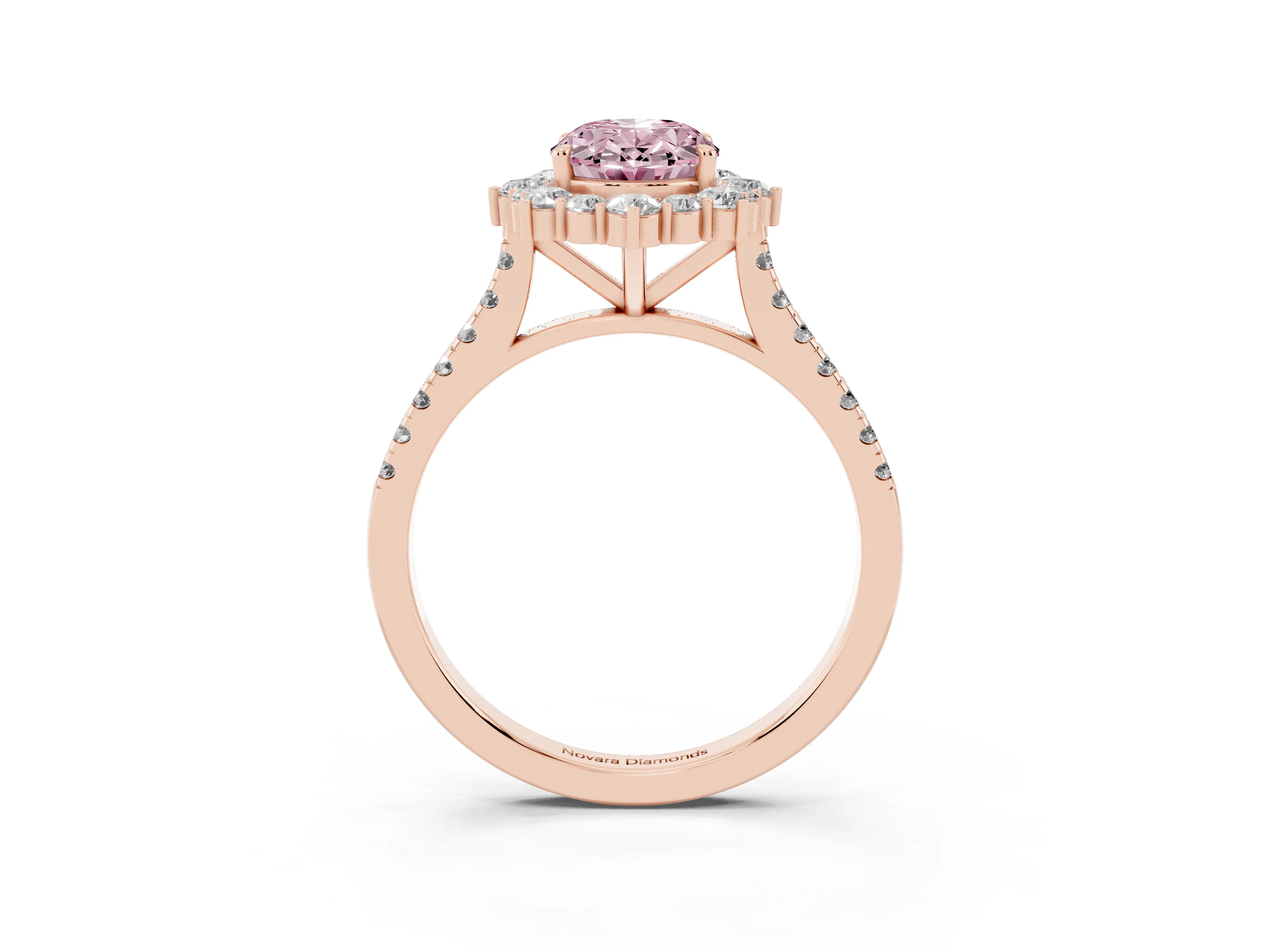 Fancy Pink Oval Cut Diamond Halo Ring Set in Rose gold with Pavé Band and Prong Setting
