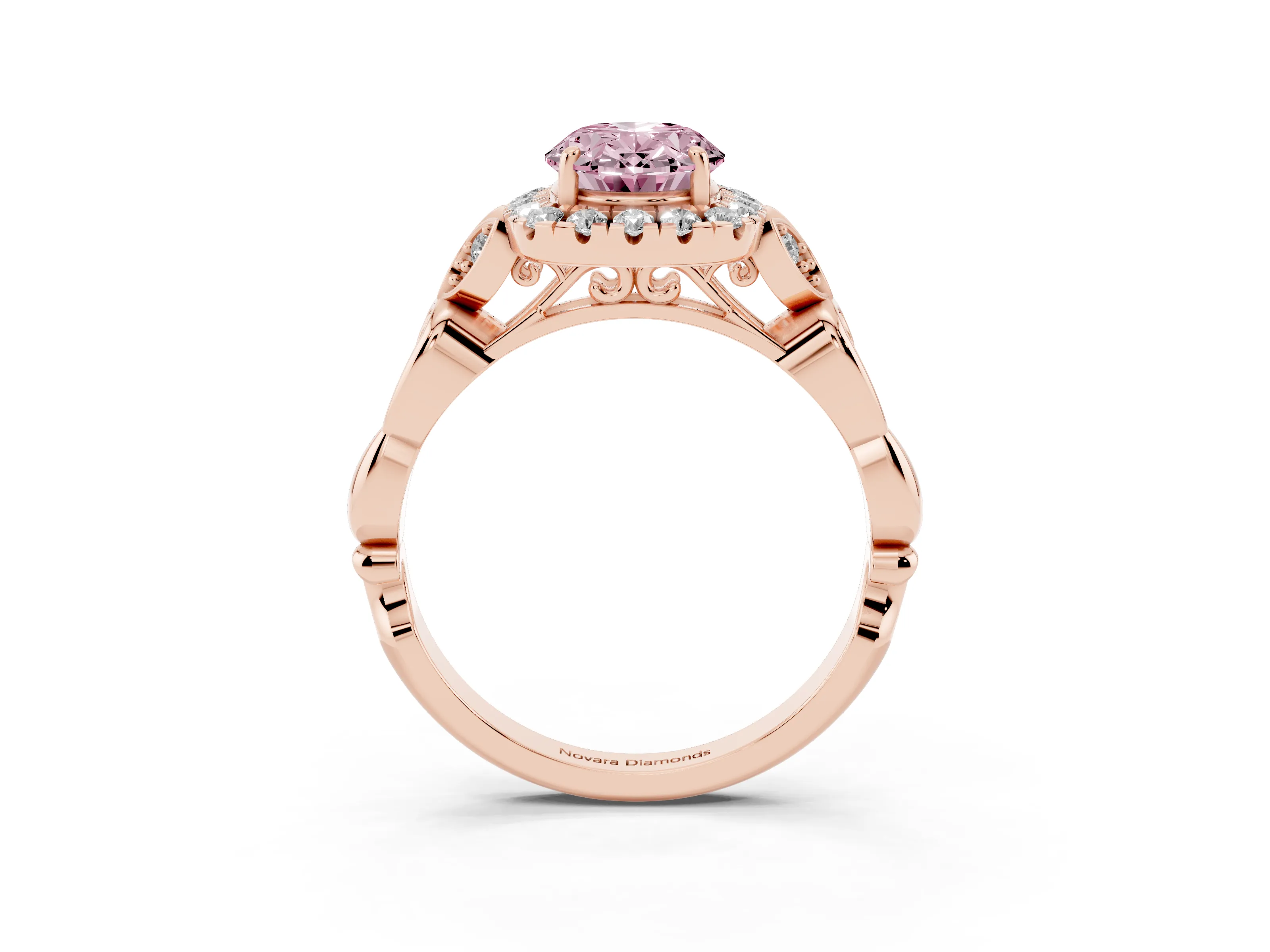 Fancy Pink Oval Cut Diamond Halo Engagement Ring Set in Rose gold with Vintage-Inspired Band and Prong Setting