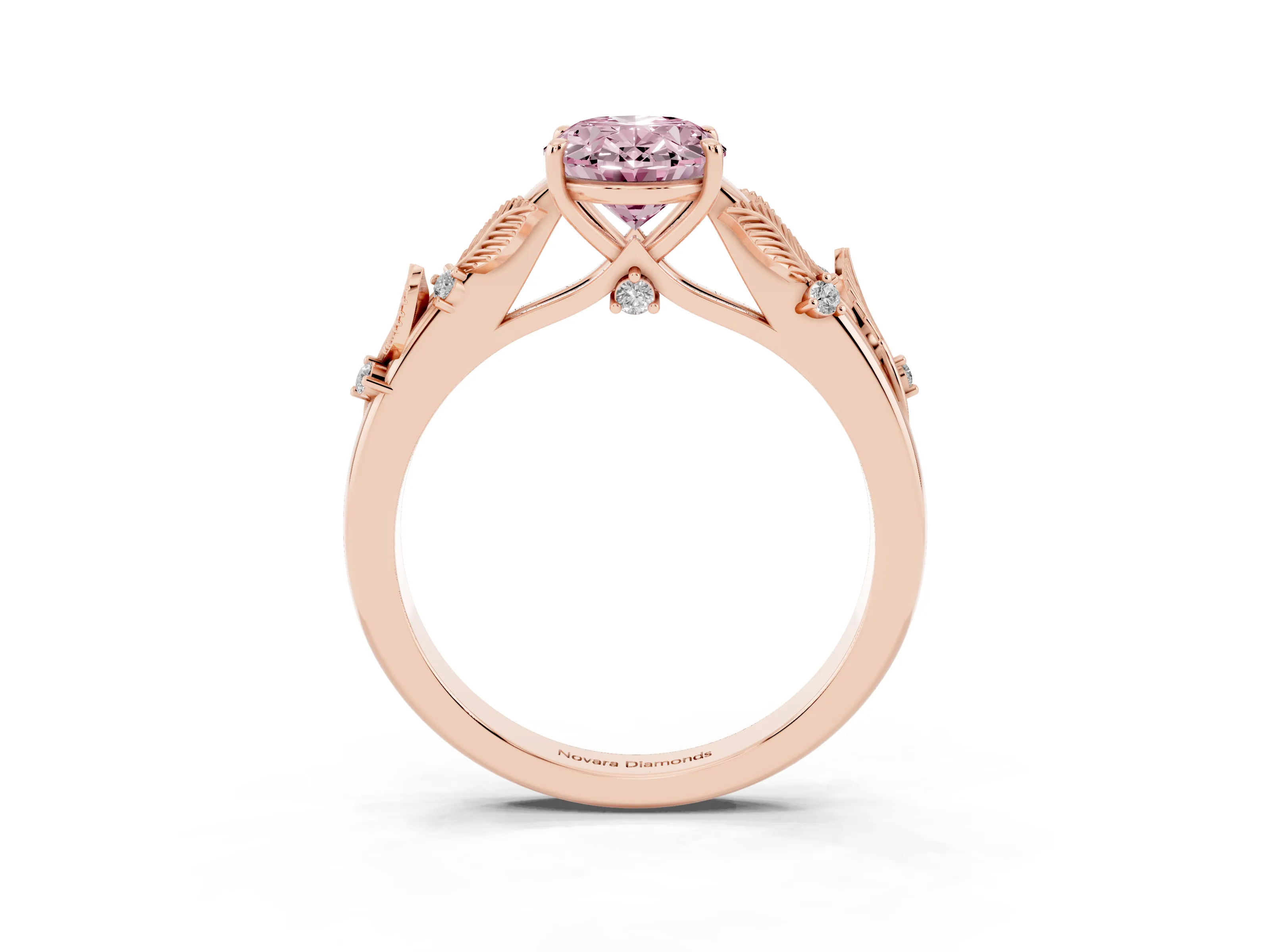 Fancy Pink Oval Cut Diamond Solitaire Ring Set in Rose gold with Leaf Motif Band