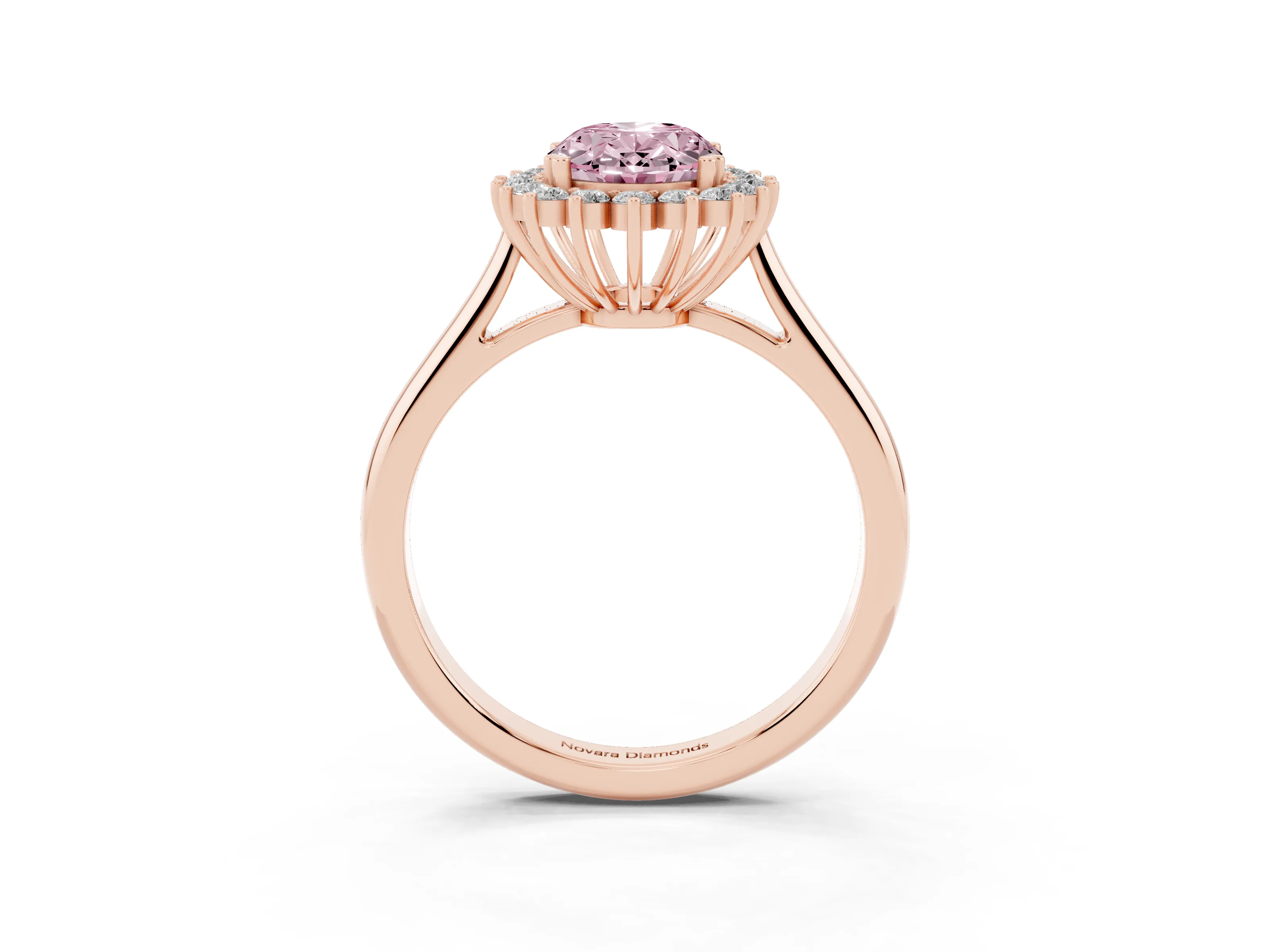 Fancy Pink Oval Cut Diamond Halo Ring Set in Rose gold with Plain Solitaire Band and Prong Setting