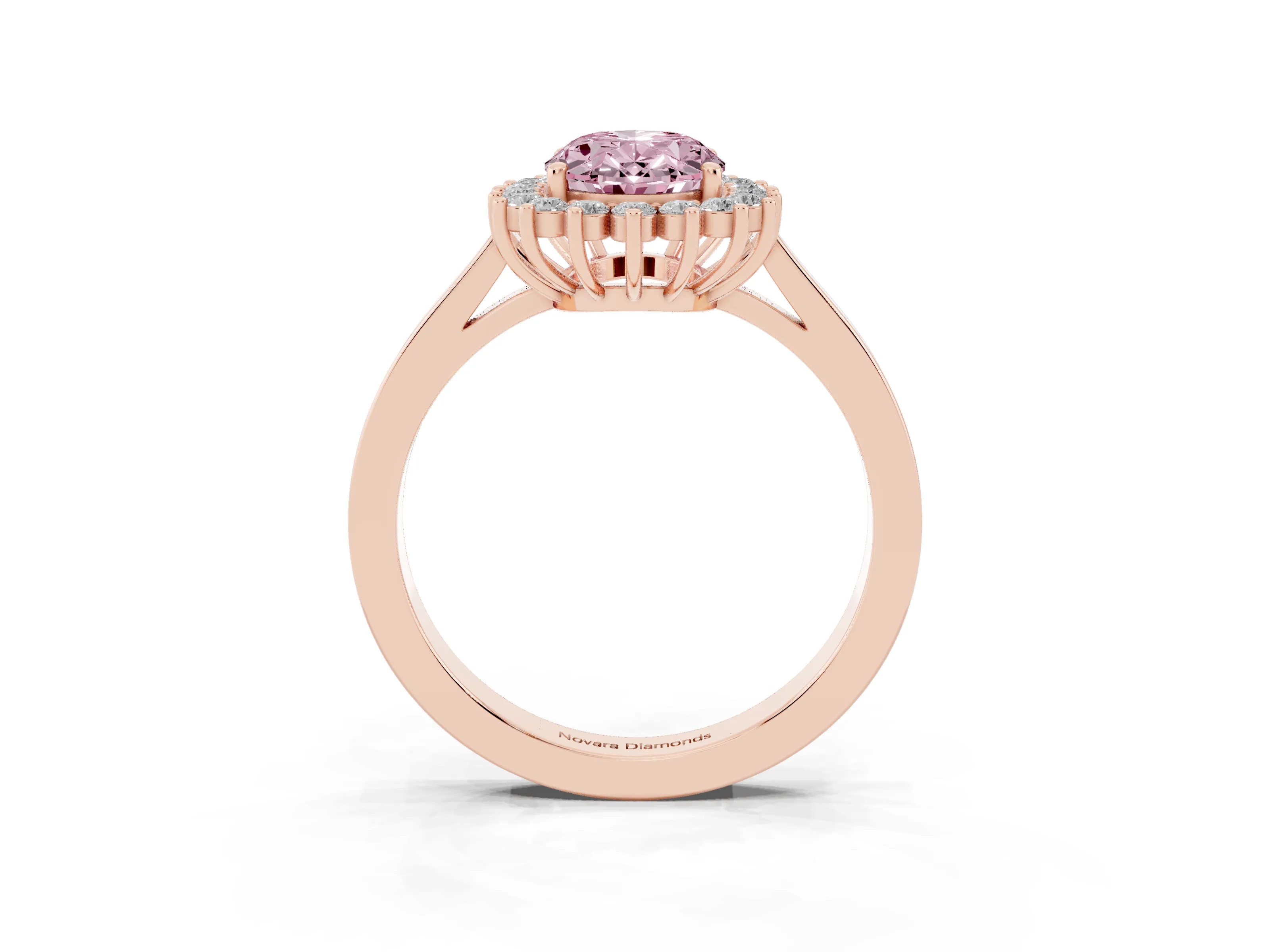 Fancy Pink Oval Cut Diamond Halo Ring Set in Rose gold with Round Halo and Smooth Solitaire Band