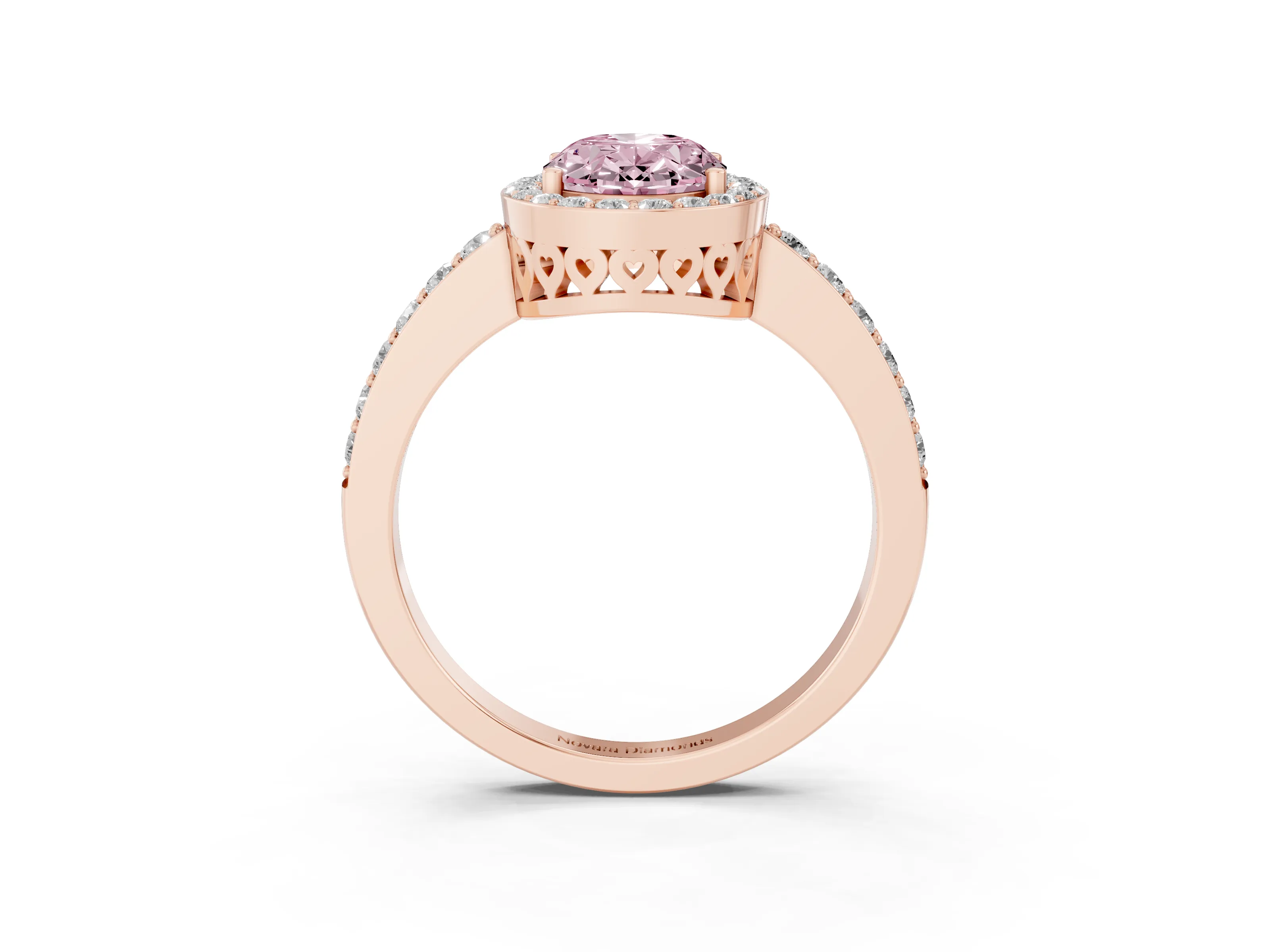 Fancy Pink Oval Cut Diamond Halo Ring Set in Rose gold with Pavé-Setting Band and Open Prong Center