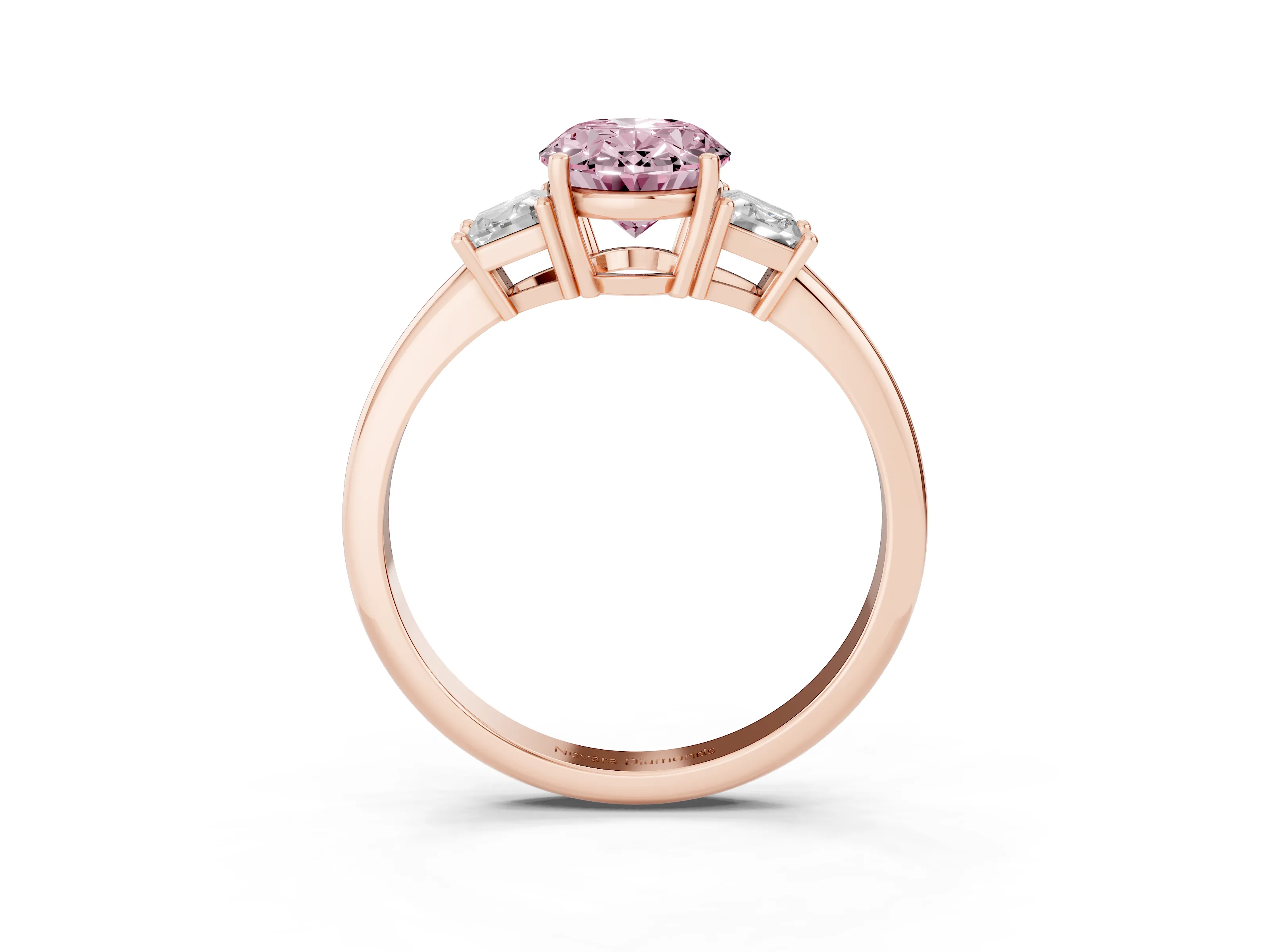 Fancy Pink Oval Cut Diamond Three-Stone Ring Set in Rose gold with Trapezoid Side Stones and Prong Setting