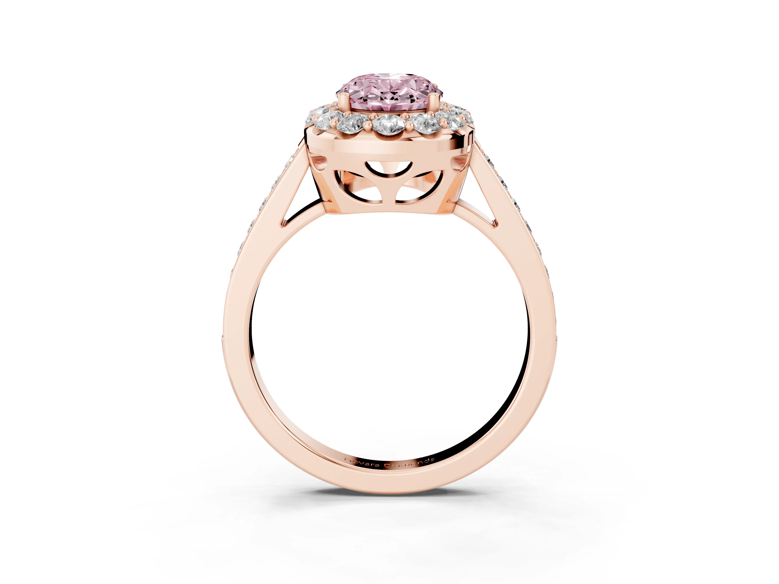 Fancy Pink Oval Cut Diamond Floral Halo Ring Set in Rose gold with Pavé Band and Prong Setting