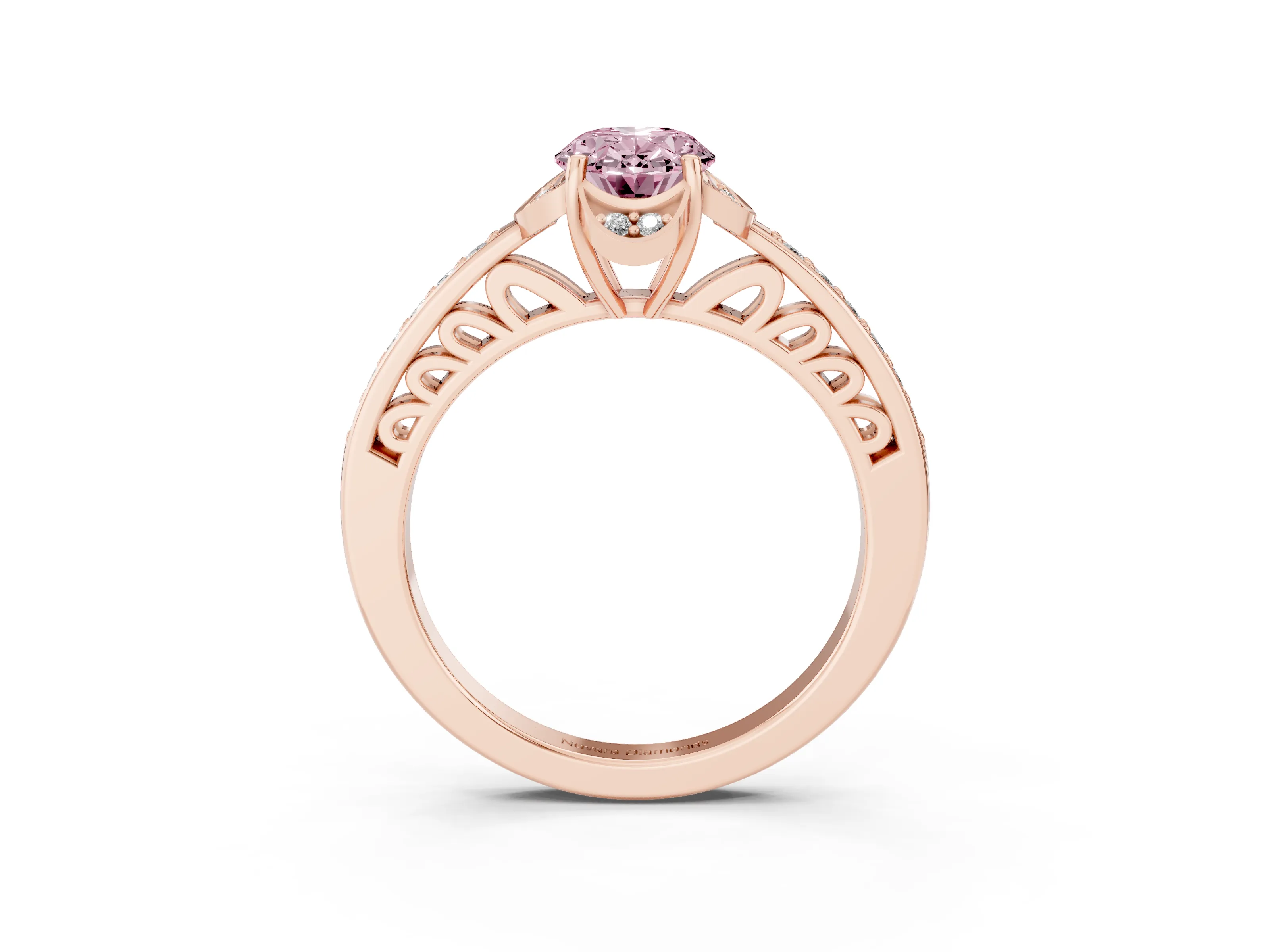 Fancy Pink Oval Cut Diamond Halo Ring Set in Rose gold with Channel Set Band and Prong Setting
