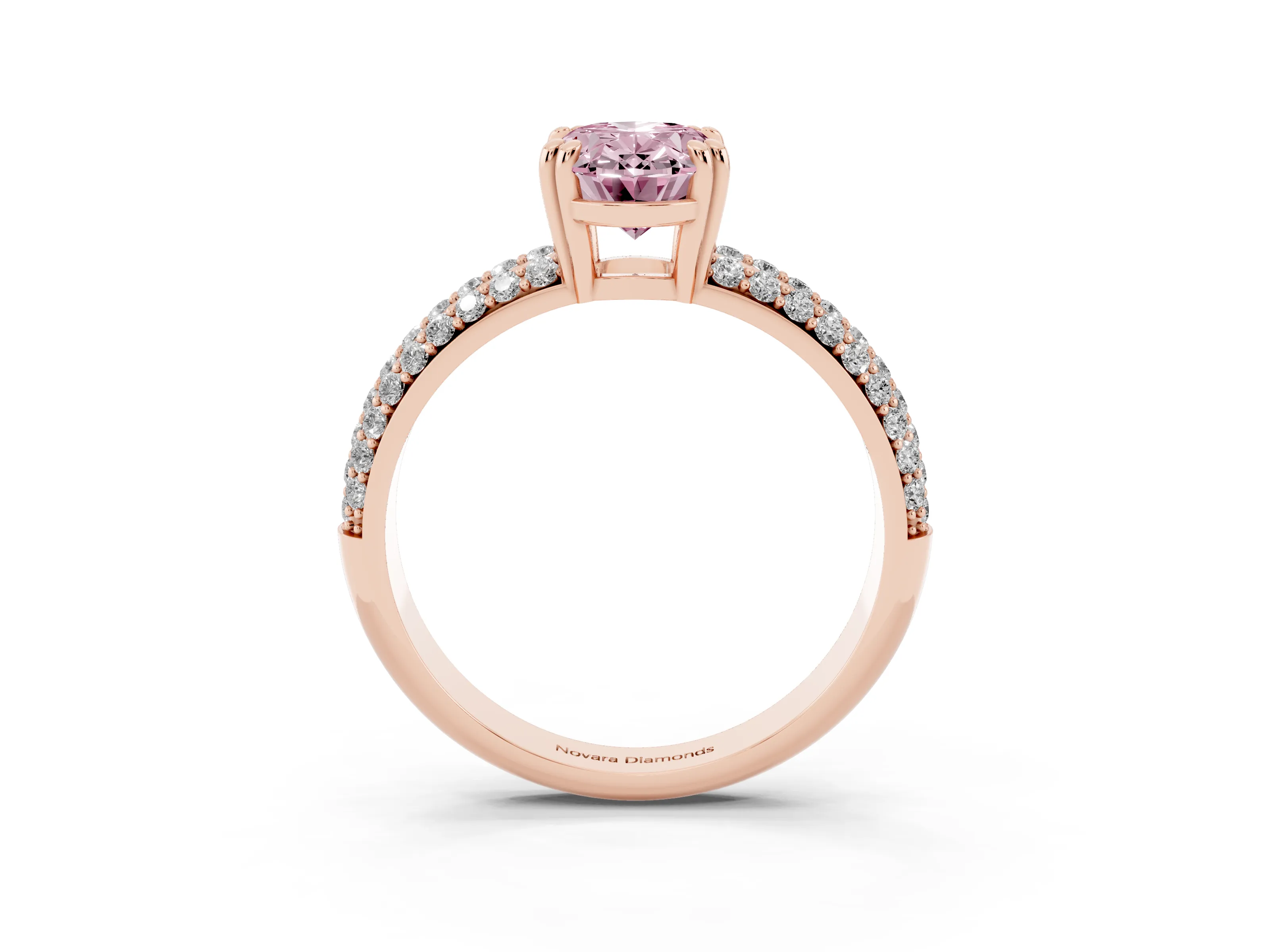 Fancy Pink Oval Cut Diamond Solitaire Ring Set in Rose gold with Multi-Row Round Pavé Band and Prong Setting