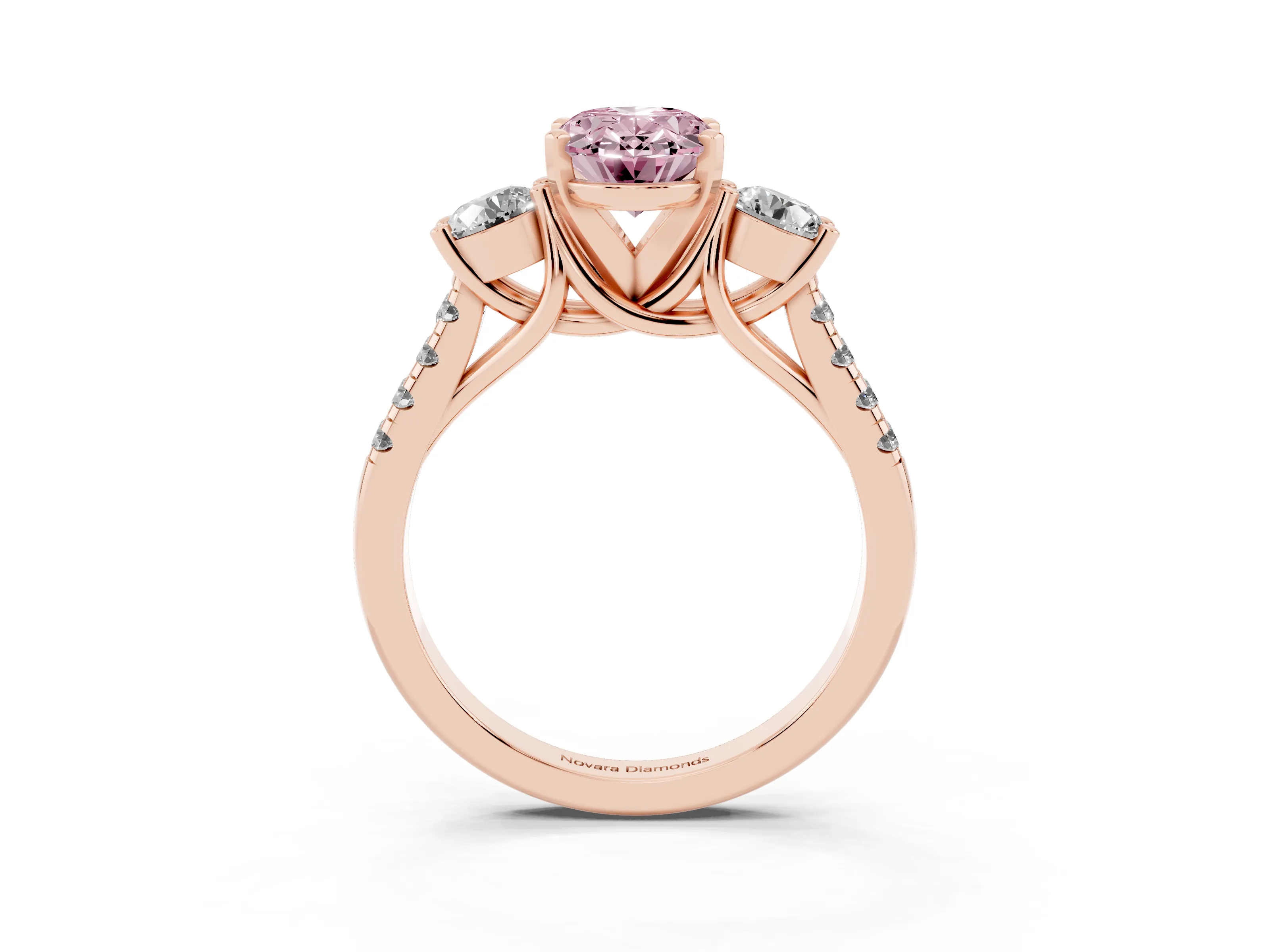 Fancy Pink Three-Stone Oval Cut Diamond Pavé Band Ring Set in Rose gold with Prong-Set Trio