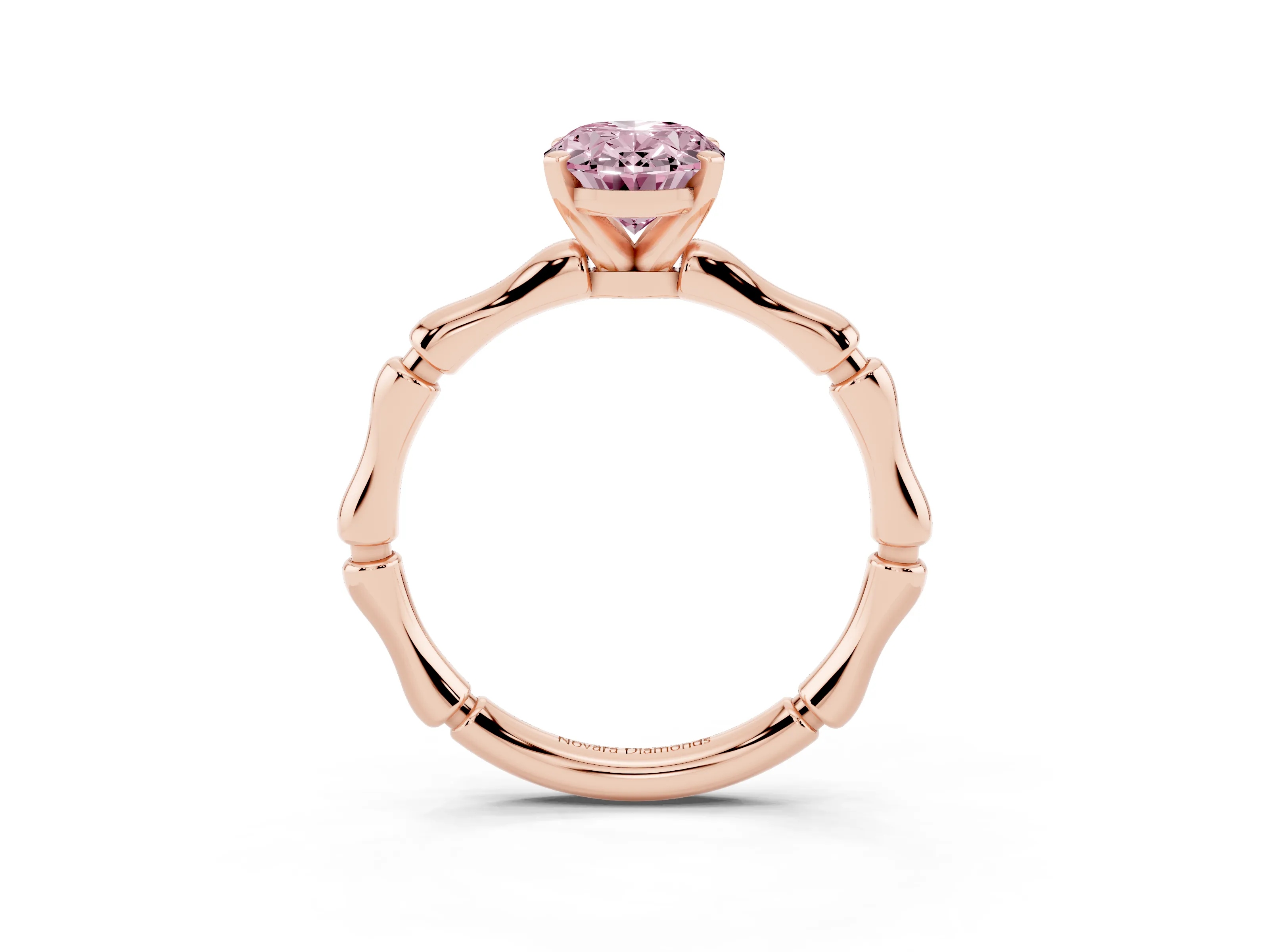Fancy Pink Oval Cut Diamond Solitaire Ring Set in Rose gold with Bamboo Band and Prong Setting