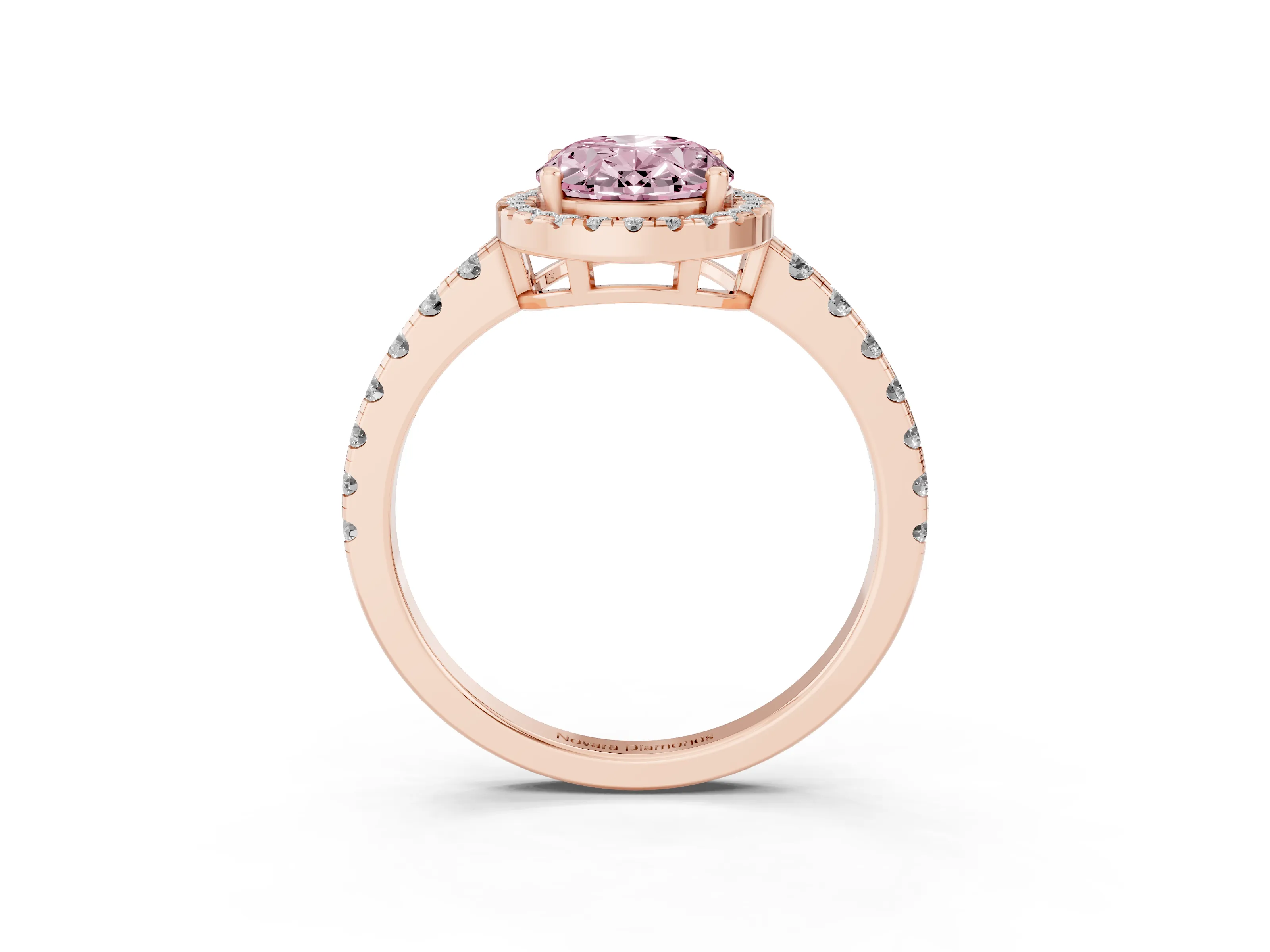 Fancy Pink Oval Cut Diamond Halo Ring Set in Rose gold with Delicate Pavé Band and Prong Setting