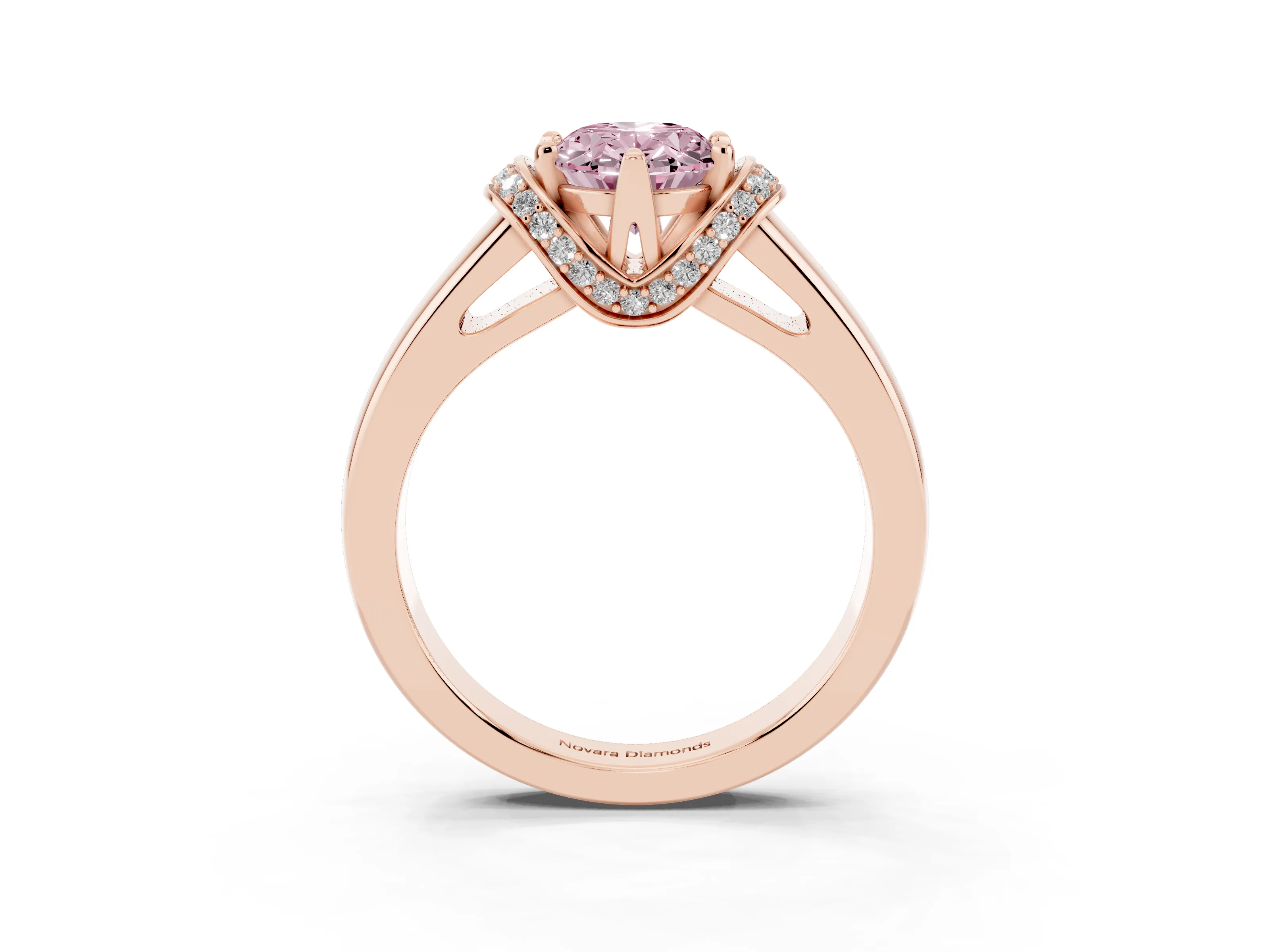 Fancy Pink Oval Cut Diamond Pavé Band Solitaire Ring Set in Rose gold with Prong Setting