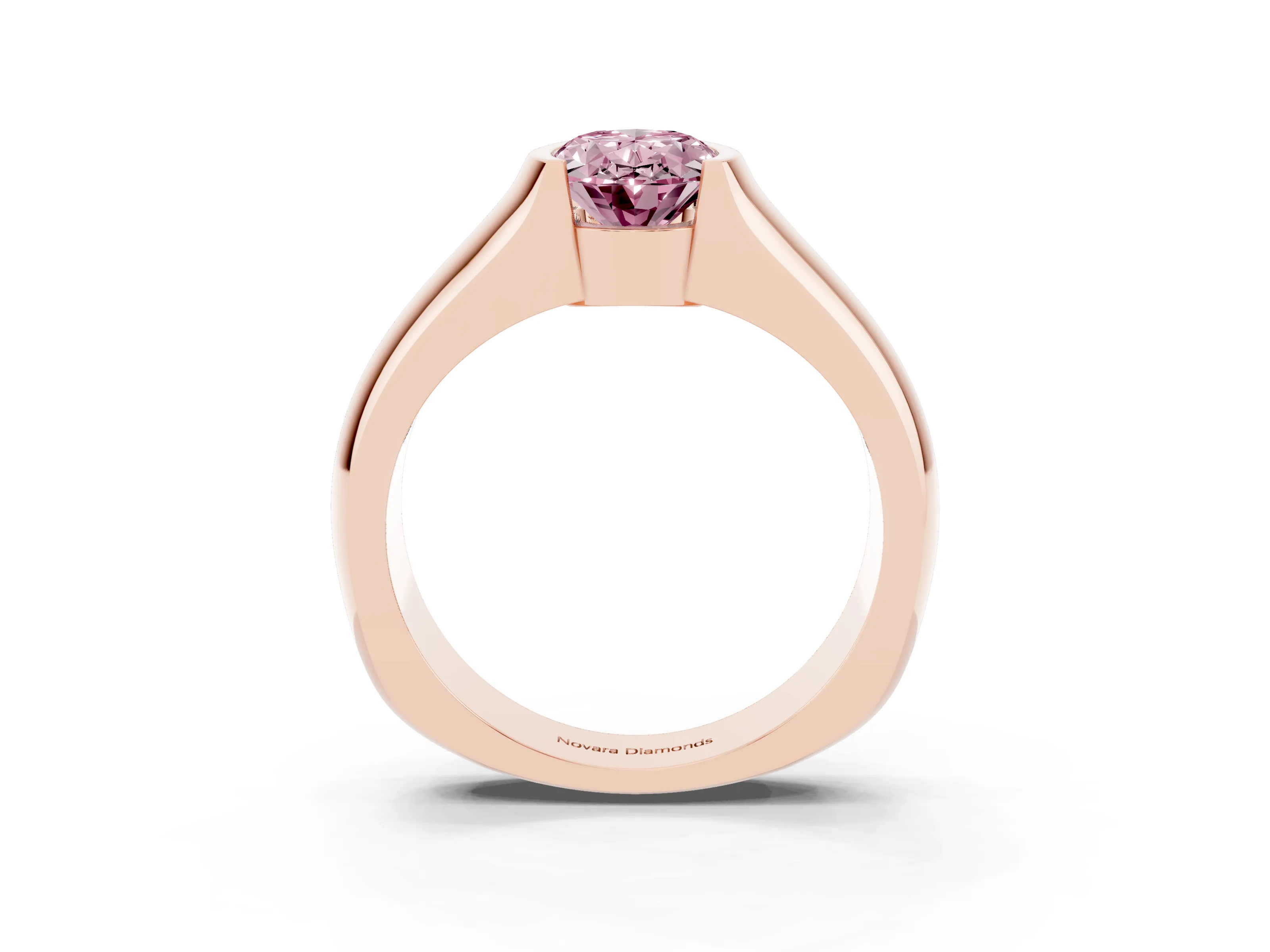 Fancy Pink Oval Cut Diamond Bezel Solitaire Ring Set in Rose gold with Wide Band