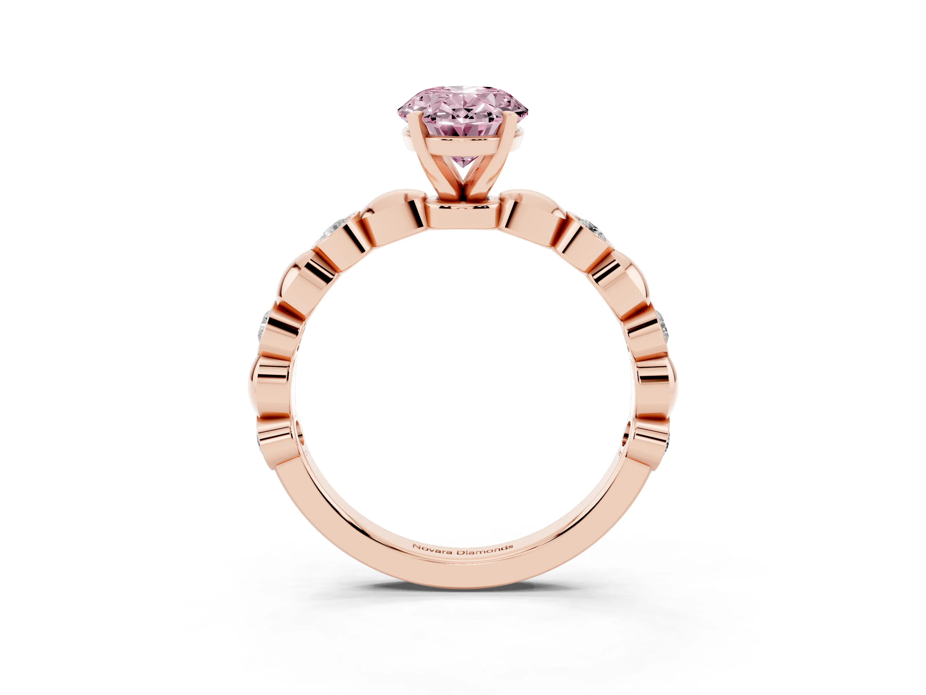 Fancy Pink Oval Cut Diamond Solitaire Ring Set in Rose gold with Bezel-Set Accents on Beaded Band and Prong Setting