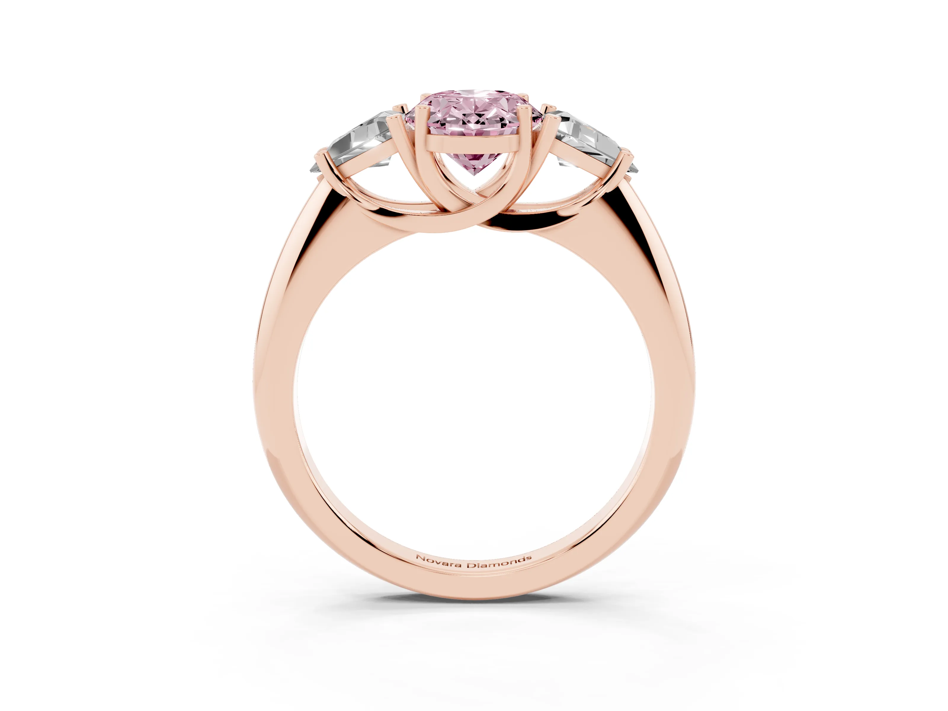 Fancy Pink Oval Cut Diamond Three-Stone Engagement Ring Set in Rose gold with Trillion Side Stones