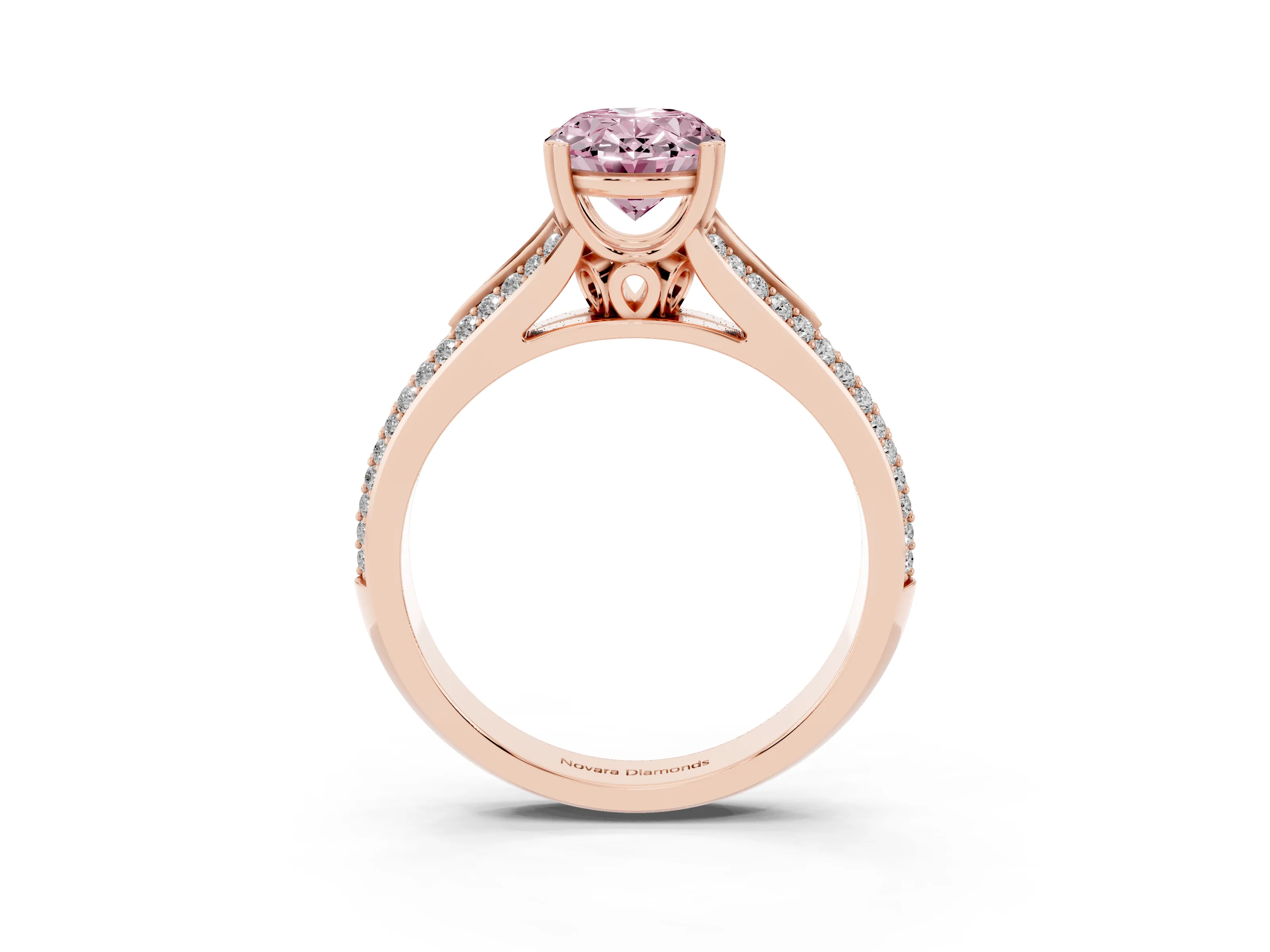 Fancy Pink Oval Cut Diamond Split Shank Pavé Engagement Ring Set in Rose gold with Prong-Set Center Stone