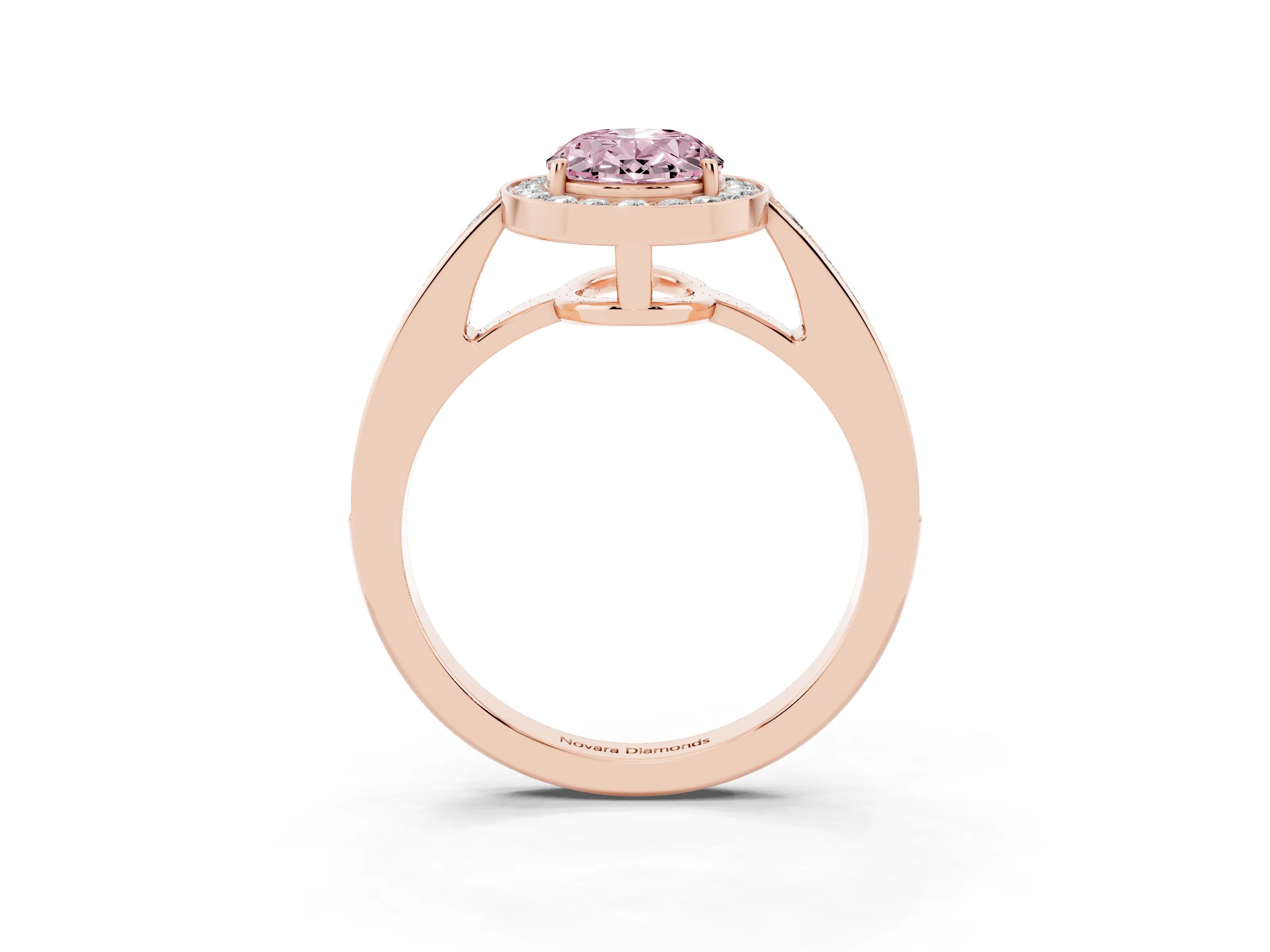 Fancy Pink Oval Cut Diamond Halo Pavé Engagement Ring Set in Rose gold with Bezel Setting