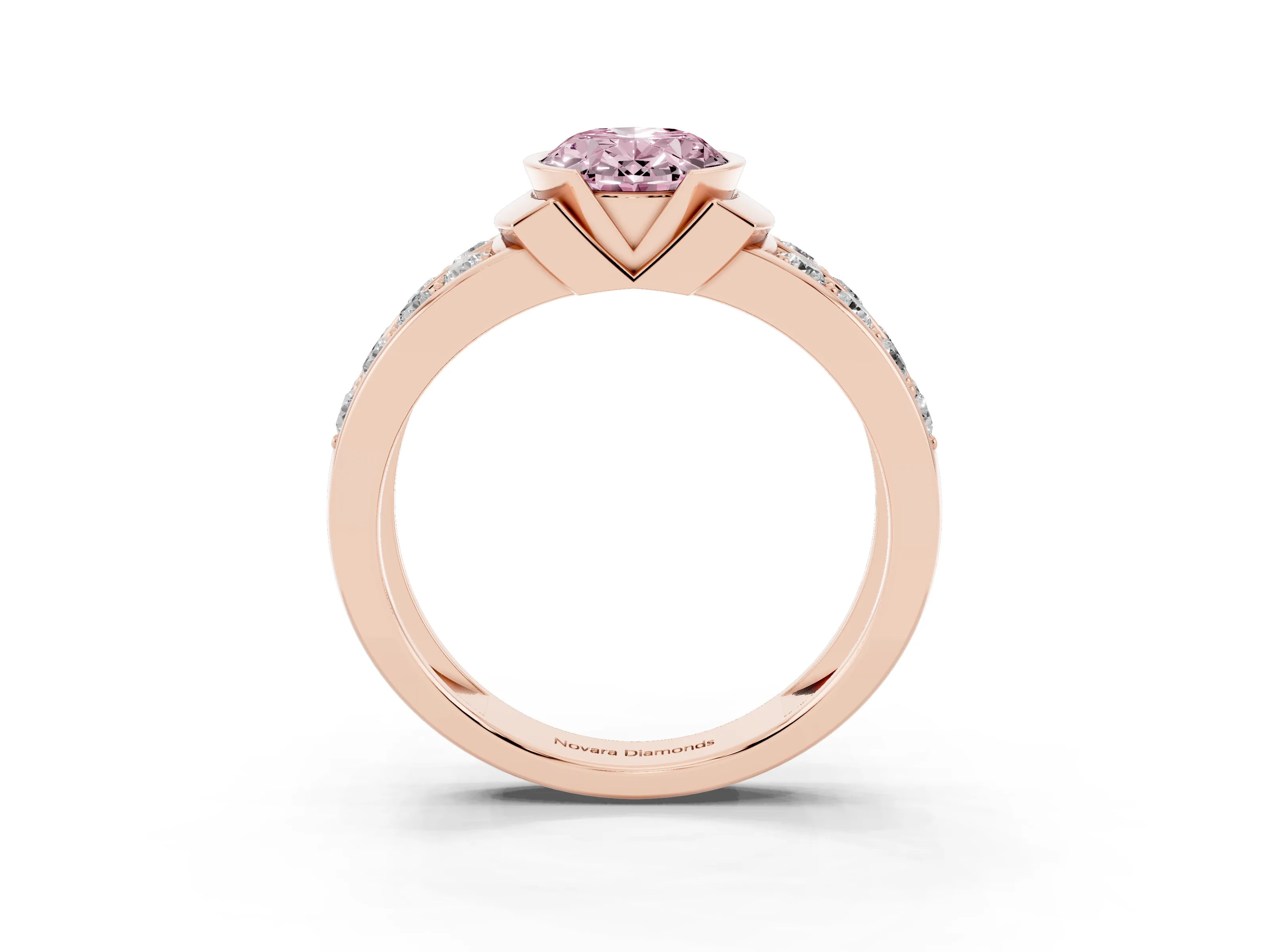 Fancy Pink Oval Cut Diamond Wide Channel Set Band Ring Set in Rose gold with Bezel Setting